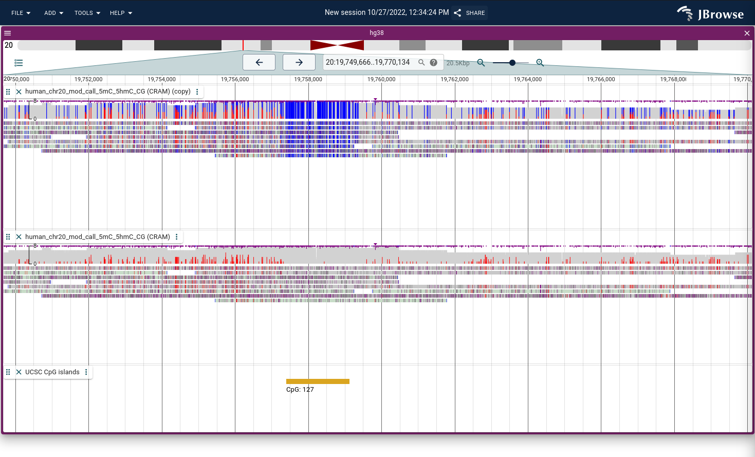 Screenshot showing the same track in both modifications mode and methylation mode. This is a hypo-methylated CpG island (there are no methylation marks in a CpG island)