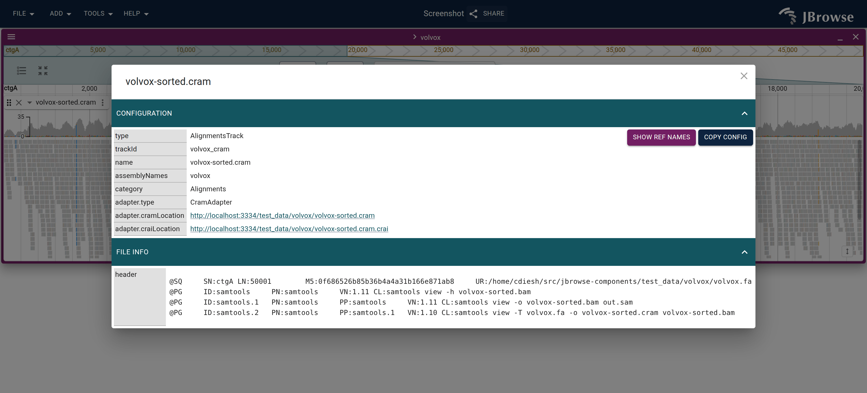 The 'About track' dialog for a CRAM file, showing the full CRAM header and the config info.