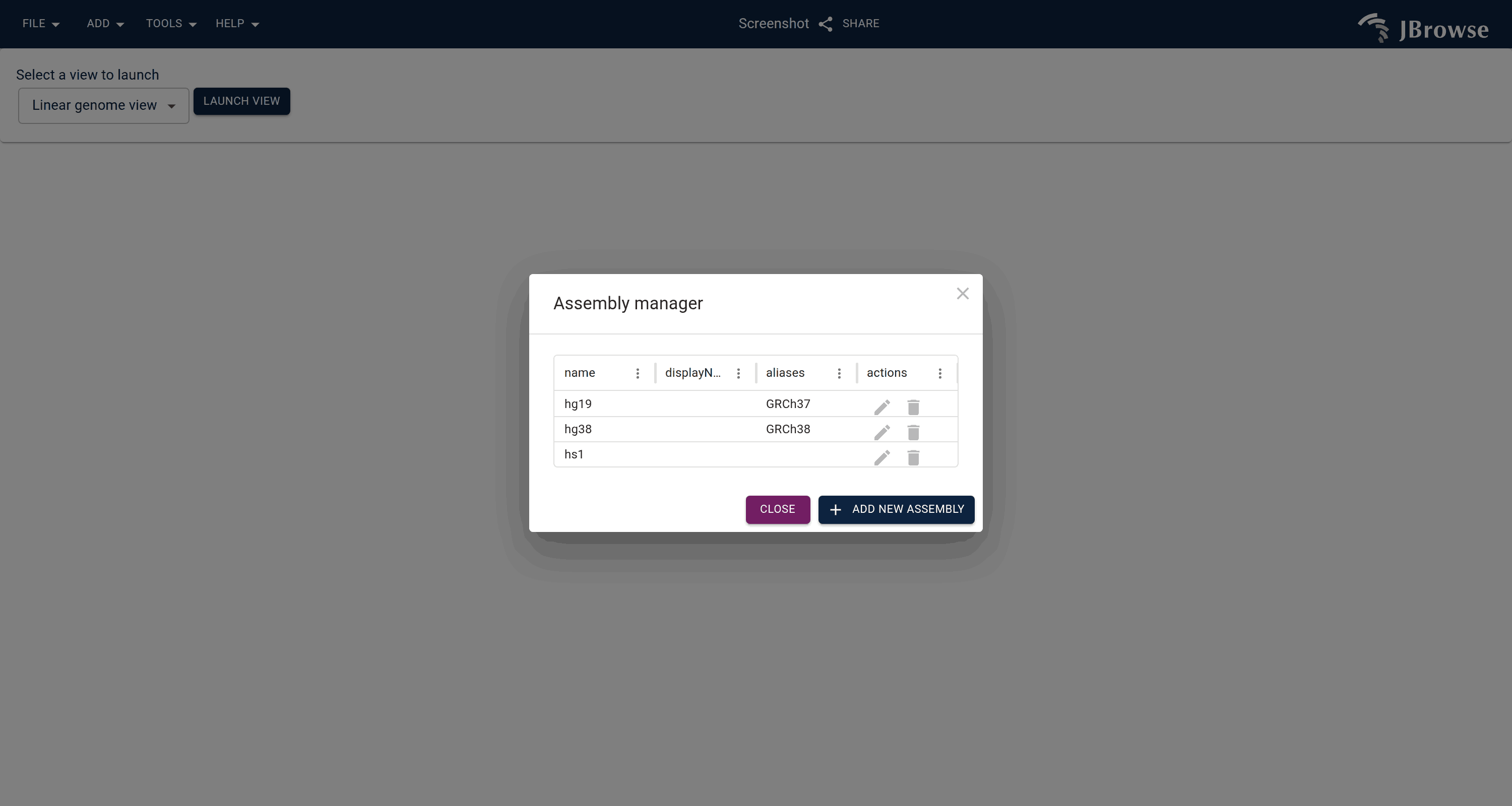 The assembly manager dialog box with human assemblies available