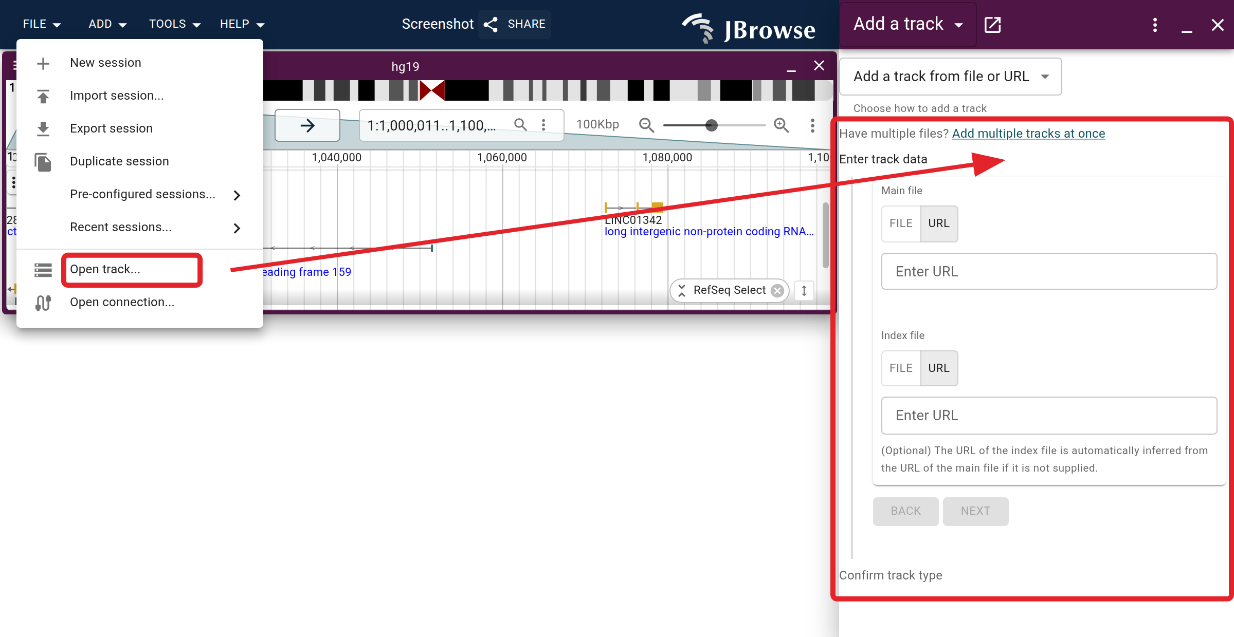 The 'Open track...' item in the File menu opens the 'Add a track' form as a drawer widget.