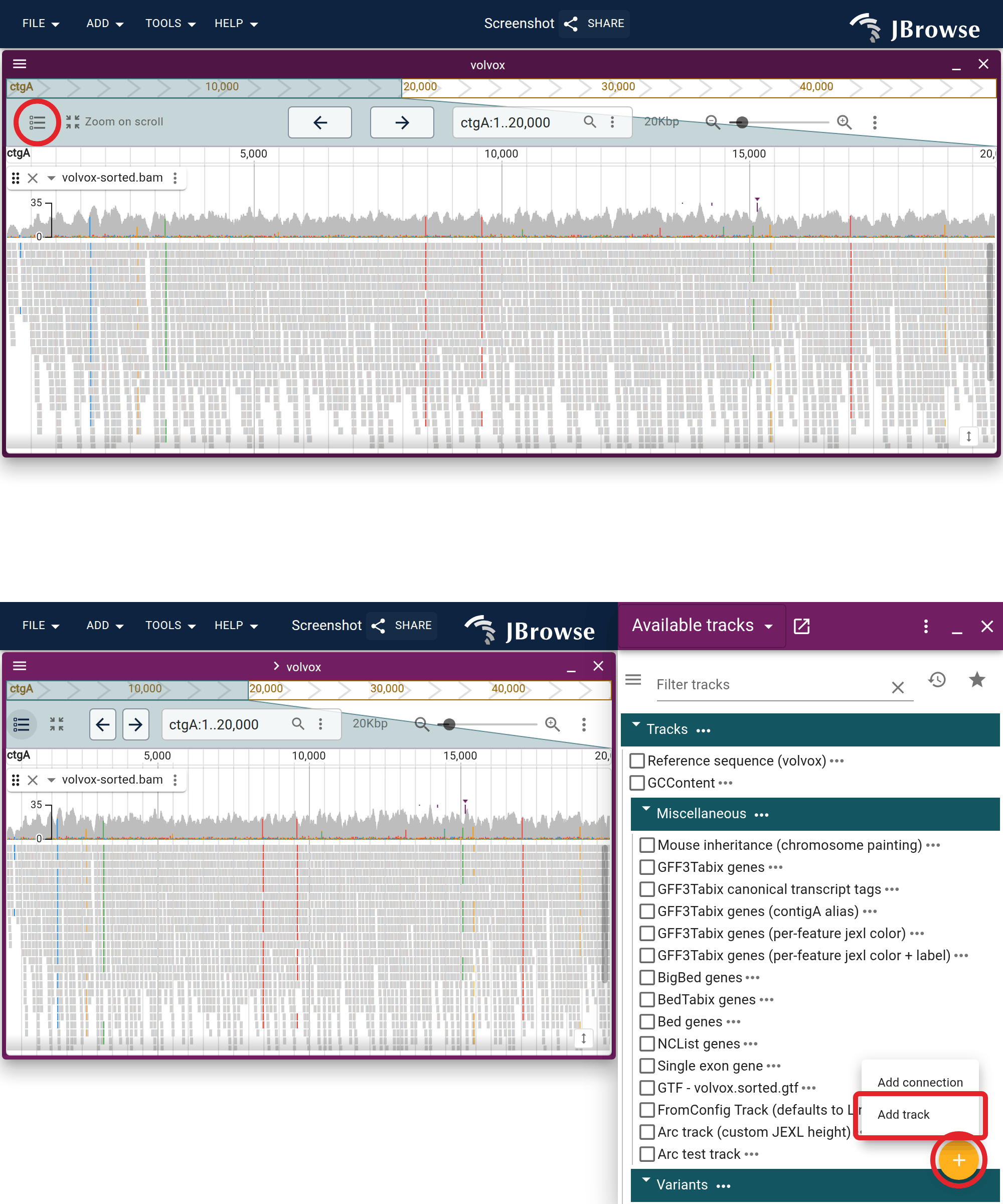 (1) The 'Available tracks' widget, opened from the button on the far left of the linear genome view. (2) The plus (+) button at its bottom right launches the 'Add a track' form.