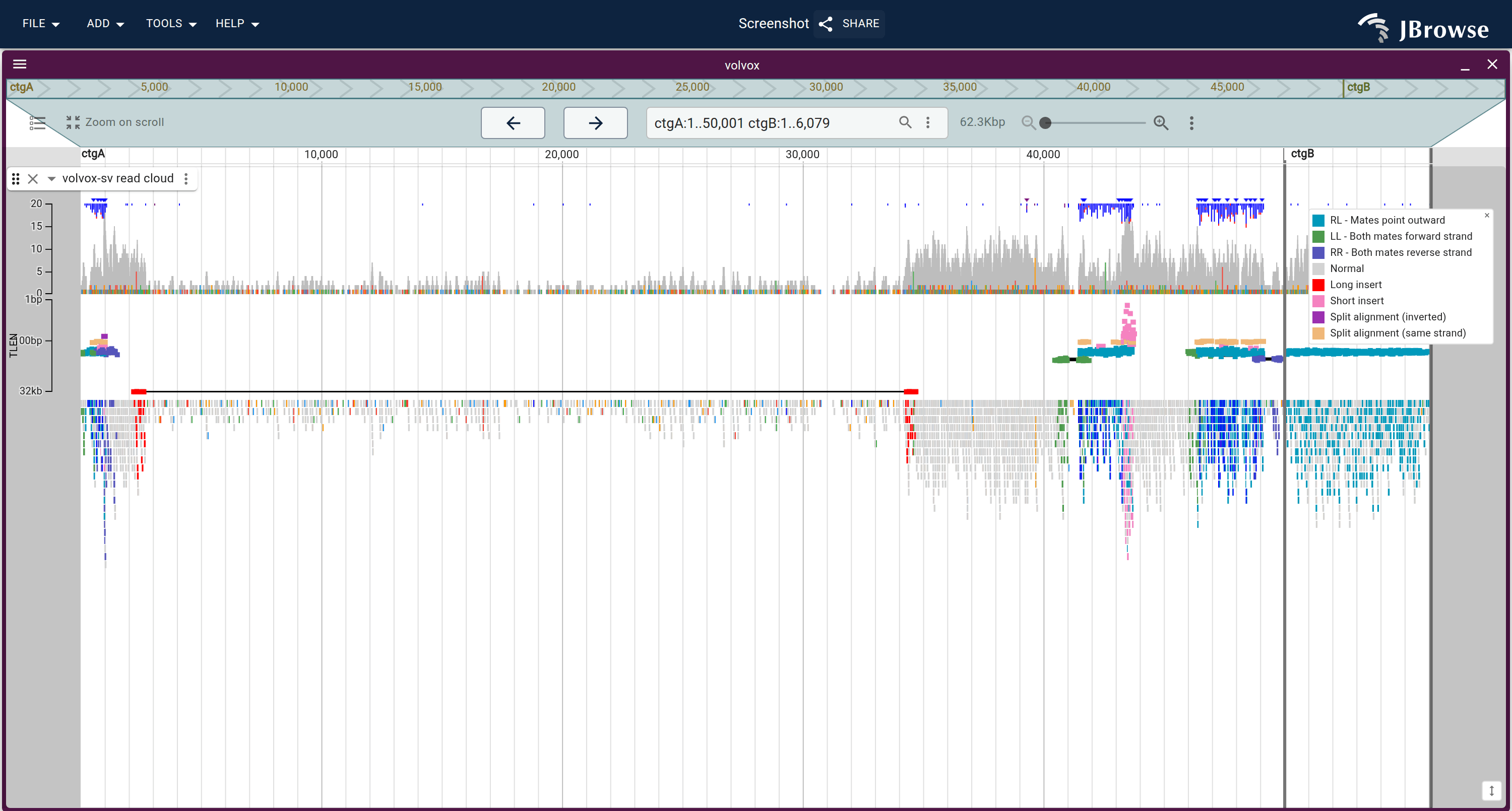 Read cloud on a synthetic SV dataset. Reads are stratified by log distance between mates, surfacing insertion pairs (pink) against the background.