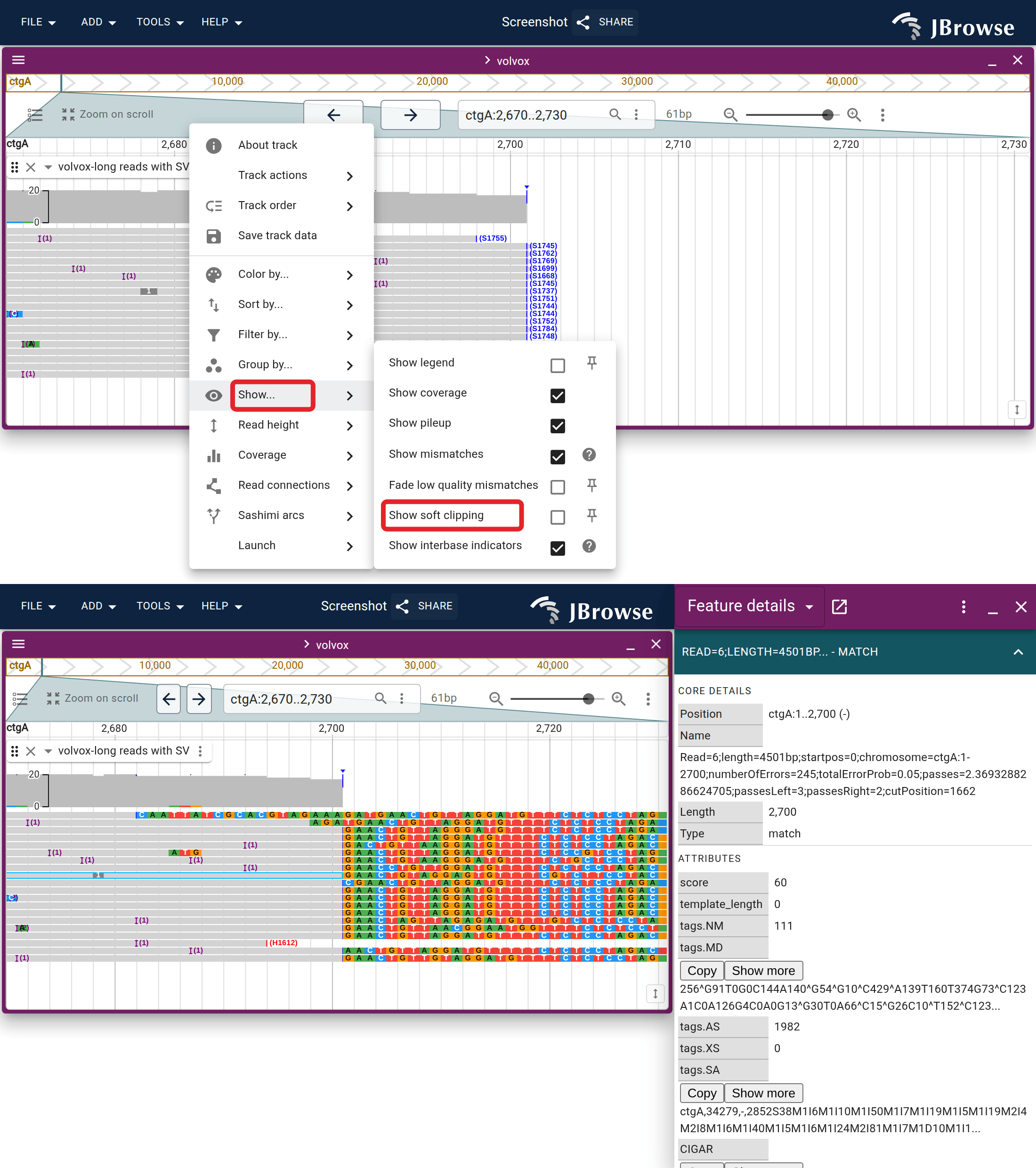 Enabling 'Show soft clipping' (top) and the result (bottom): reads terminating at a deletion breakpoint expose their unaligned bases.