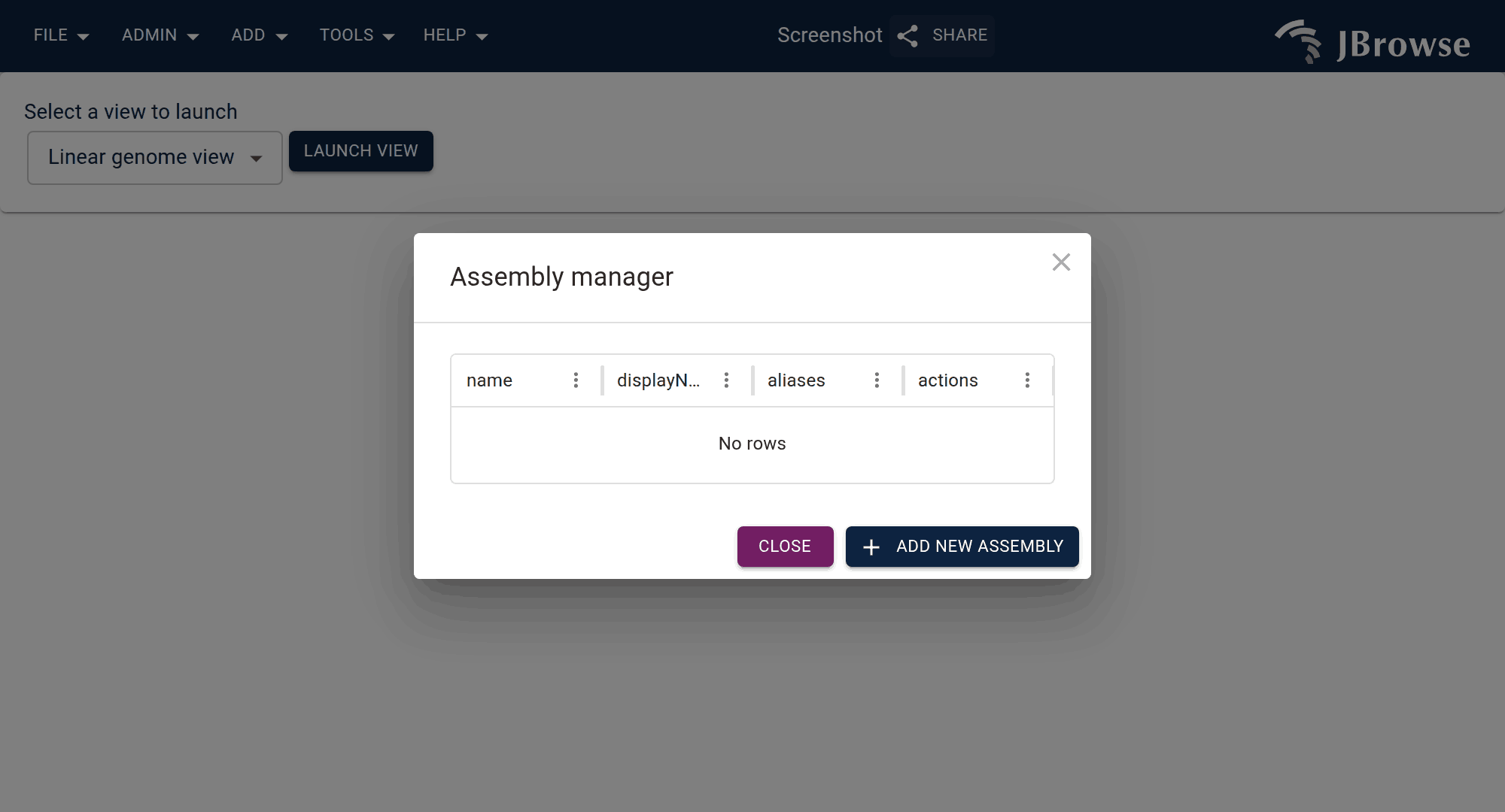 Screenshot showing the assembly manager, with no assemblies loaded yet.