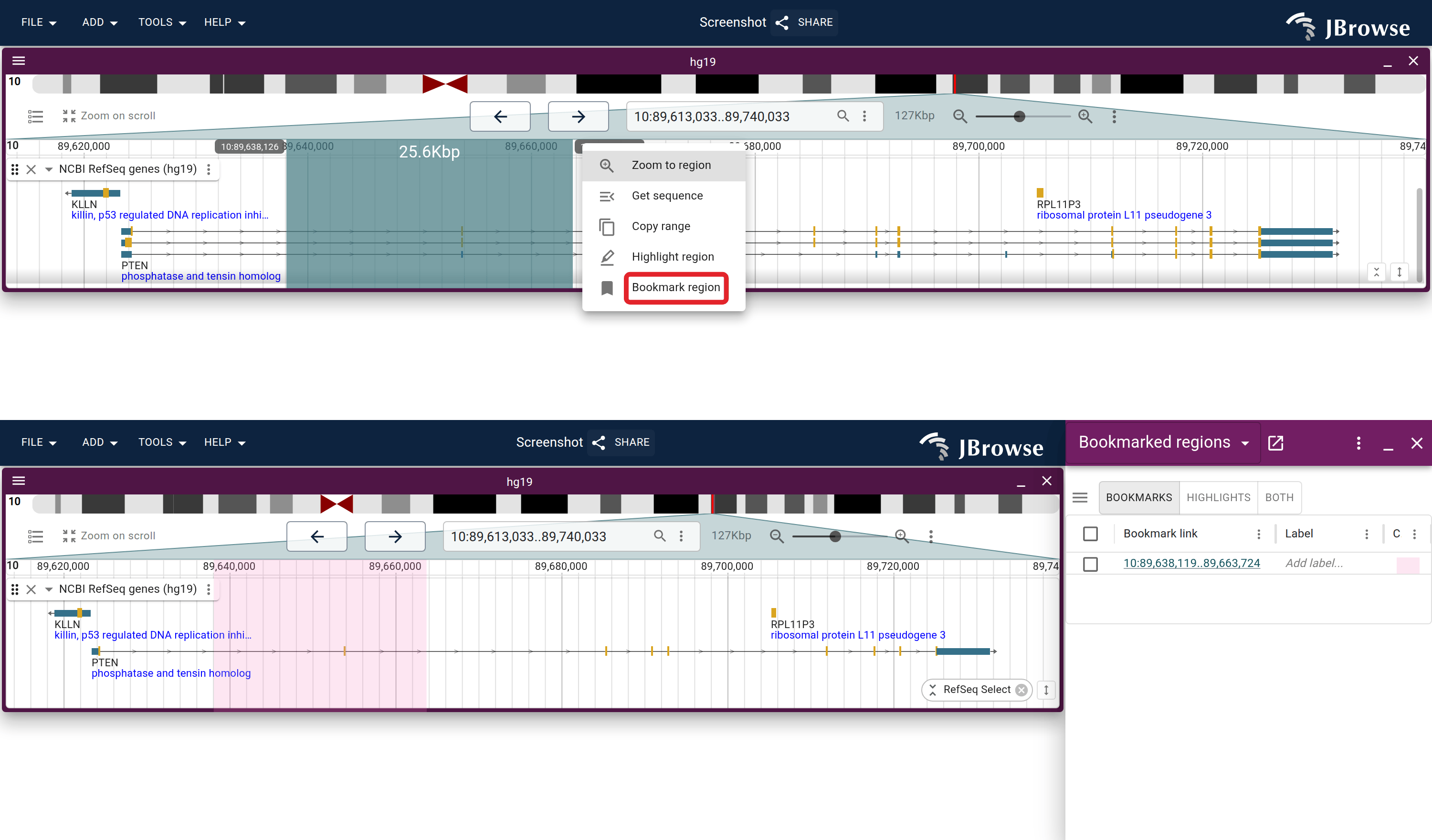 Create a bookmark by clicking and dragging the top of any LGV and selecting 'Bookmark region.'