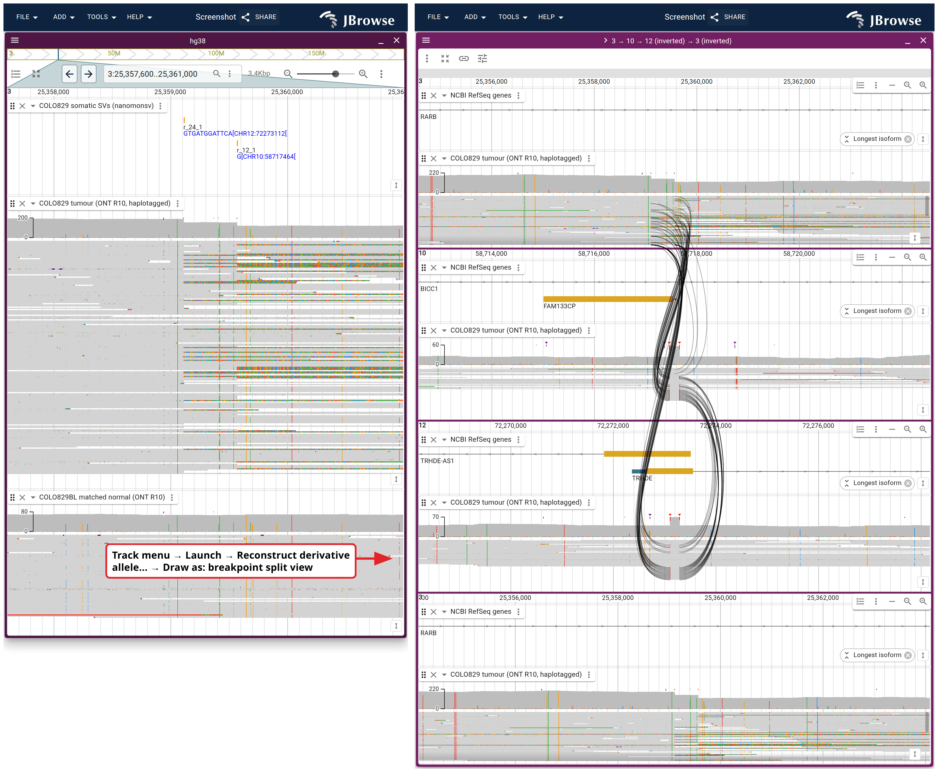 Left: COLO829 tumor above COLO829BL normal at the two chr3 breakpoints, soft clipping shown. Tumor reads clip where normal reads read through. Right: the same event as a breakpoint split view over every locus the chain visits.