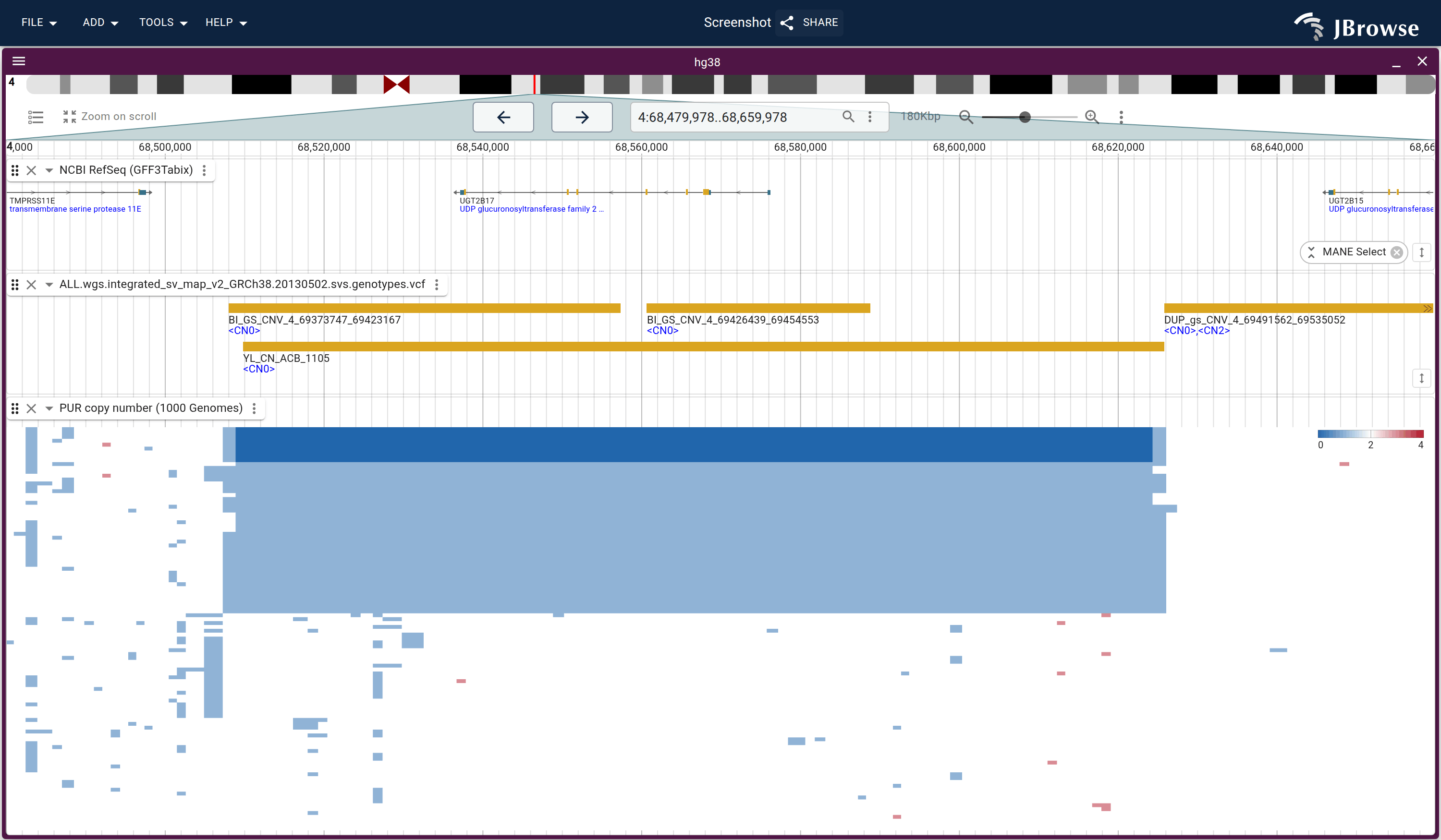 UGT2B17 on chr4, a biallelic deletion: depth is flat at two, one or zero copies with the same breakpoints in every carrier, and the SV map calls it as a CN0 deletion. Same track settings as the CCL3L1 figure.