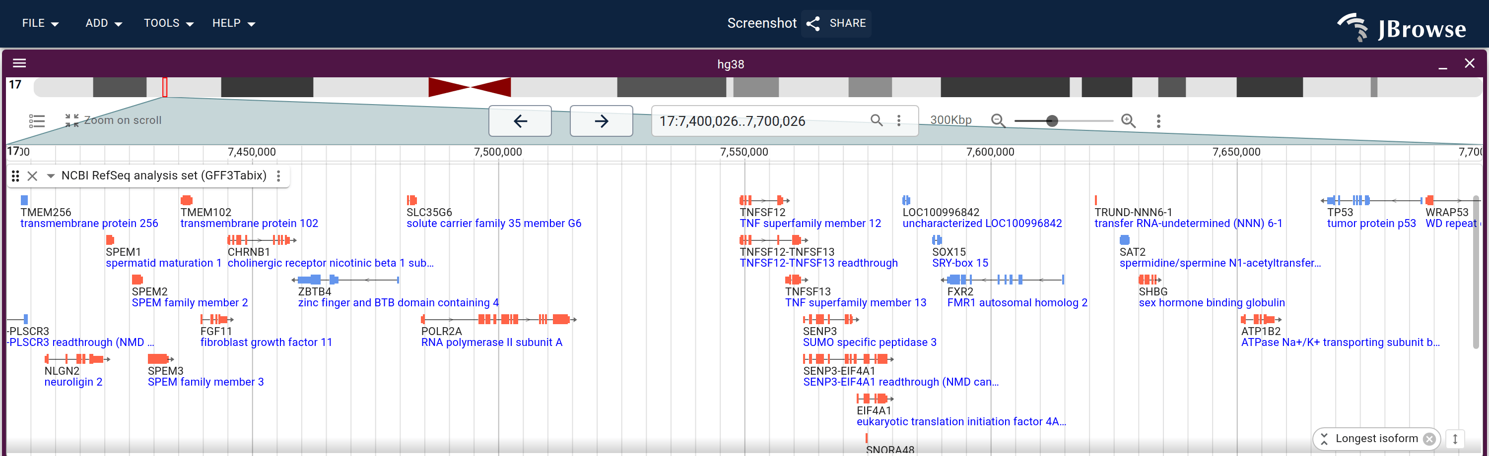 NCBI RefSeq genes on hg38 with this recipe applied: forward-strand genes red, reverse-strand blue.
