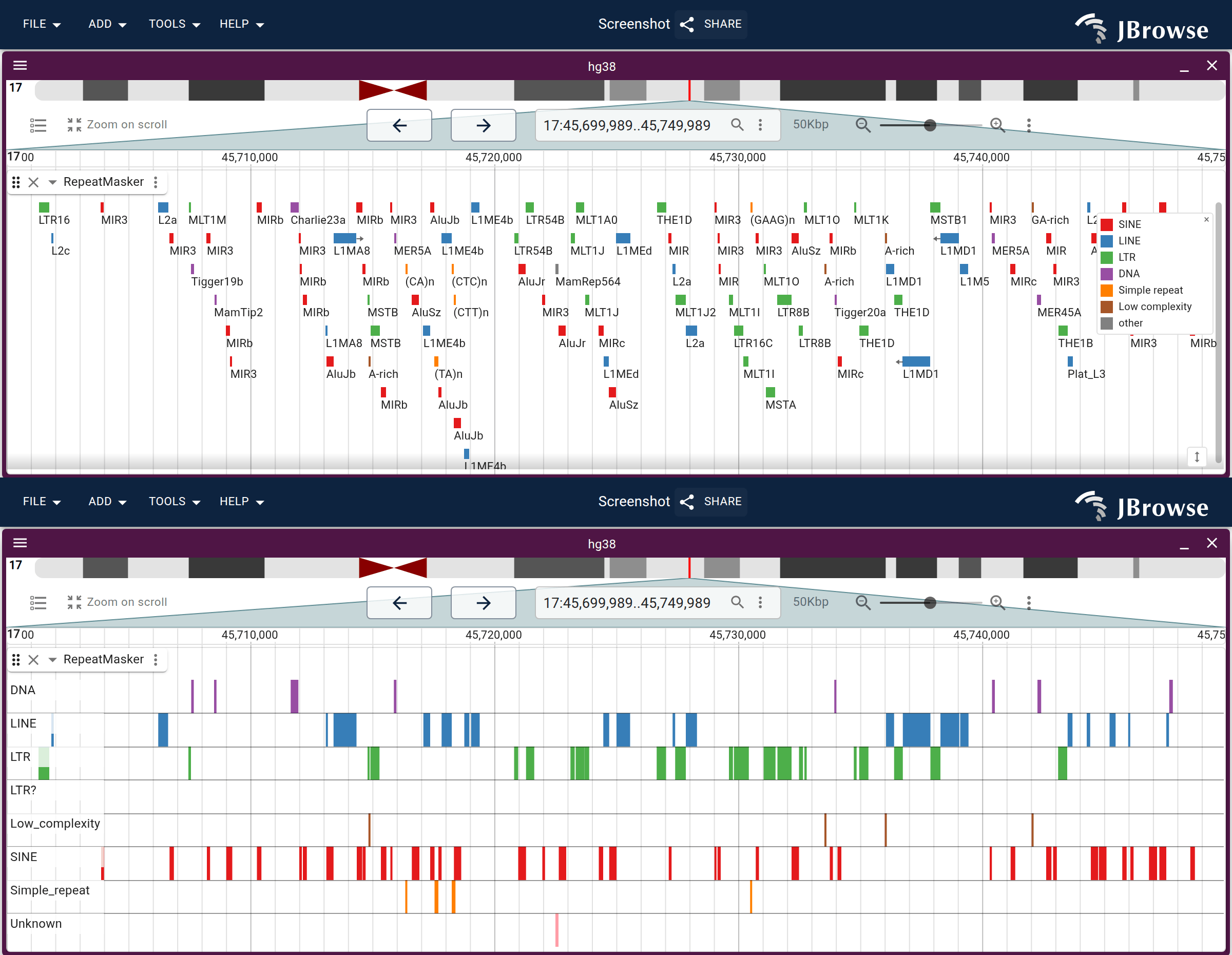 Top: UCSC RepeatMasker over a 17q21 window, colored by repClass through a jexl lookup table, with the display's legend slot as the key. Every class shares one packed lane. Bottom: the same track and window partitioned on repClass instead. SINE fills the window and LINE comes in clusters, and the LTR? and Unknown lanes are values in the file that the lookup table does not name.