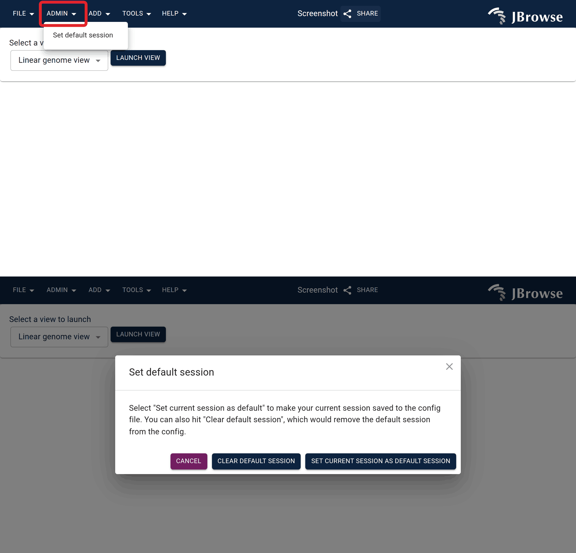 The 'Set default session' will persist your current session into the config file so any subsequent visitors to the app will see this session.