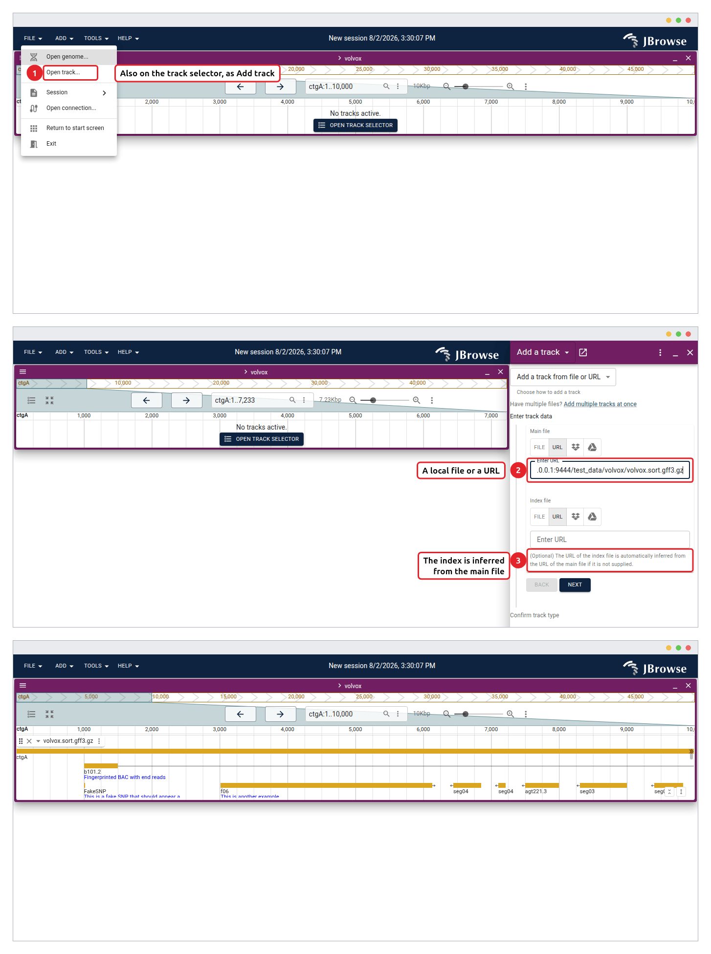 Adding a track. File then Open track... (1) opens the form, which takes a main file as a local path or a URL (2) and infers the index from it (3). Confirming the guessed track type adds the track to the open view, the third frame.