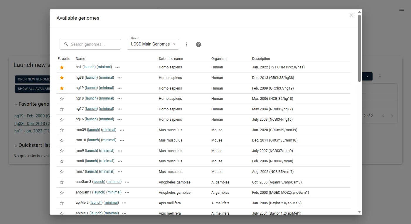 JBrowse Desktop 'Available genomes' picker, a searchable list of human, mouse, and other assemblies each with a one-click launch link