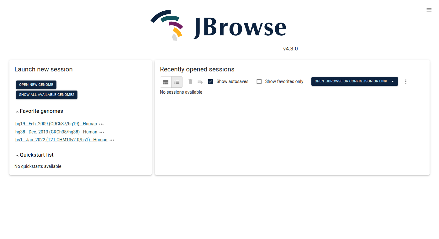 The JBrowse desktop start screen. The left panel launches new sessions; the right panel lists recently opened ones.