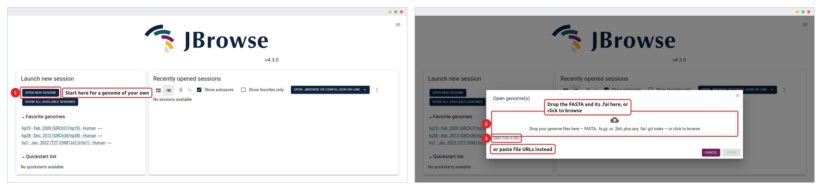Opening a genome from your own files. Open new genome (1) brings up the dialog, and the sequence file goes onto its drop area (2).