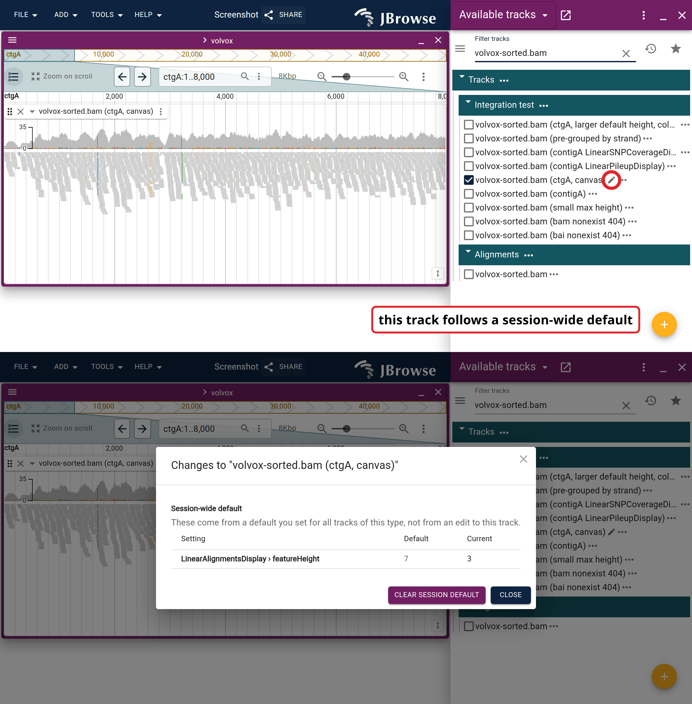 After pinning Compact, the alignments track carries a pencil in the track selector. The dialog it opens lists featureHeight under 'Session-wide default', and offers to clear it.