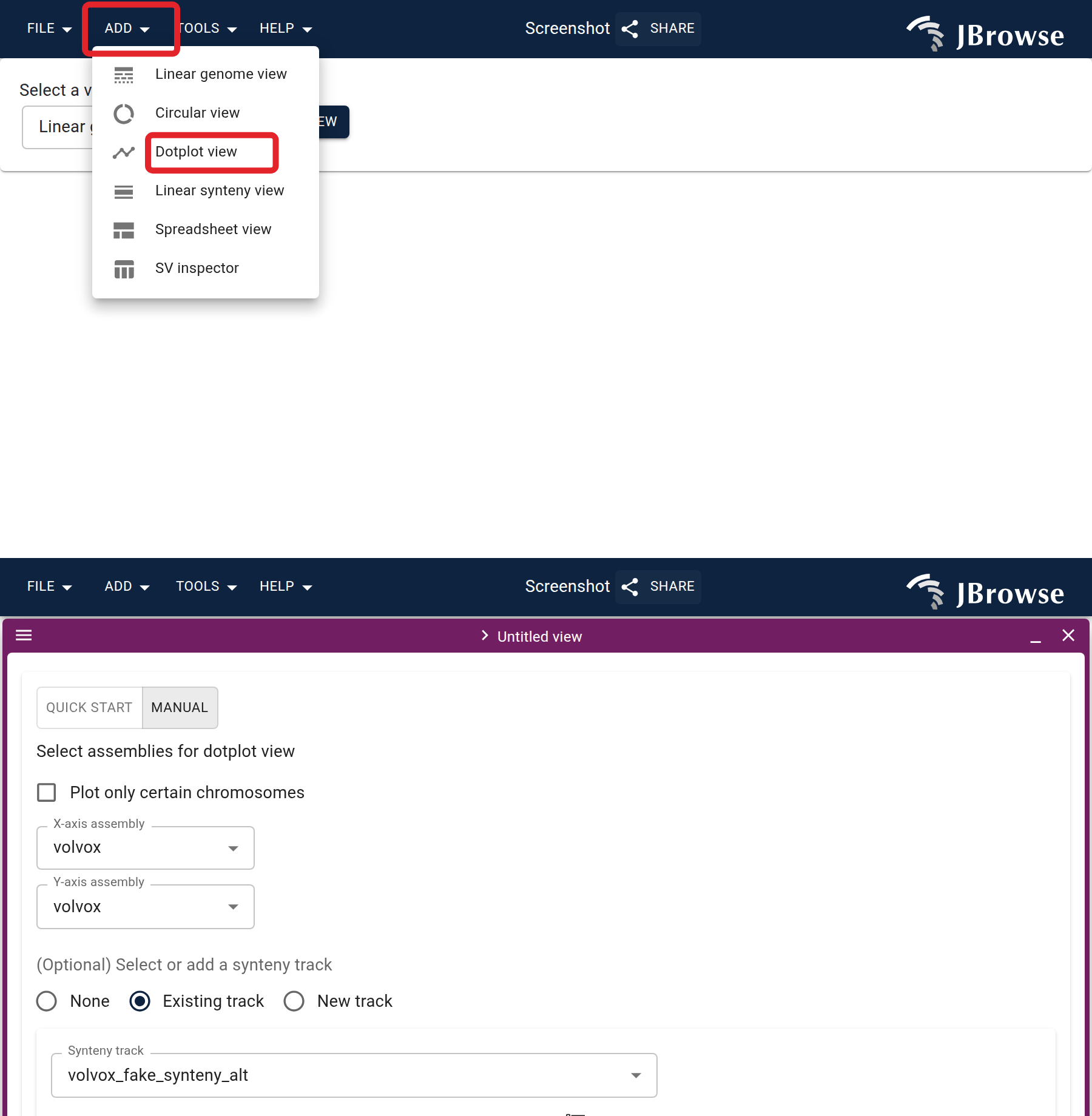 Launching a dotplot view from the Add menu (top), then the import form's Manual mode, where you select two assemblies and optionally supply a synteny file (bottom). The same form is shared with the linear synteny view.