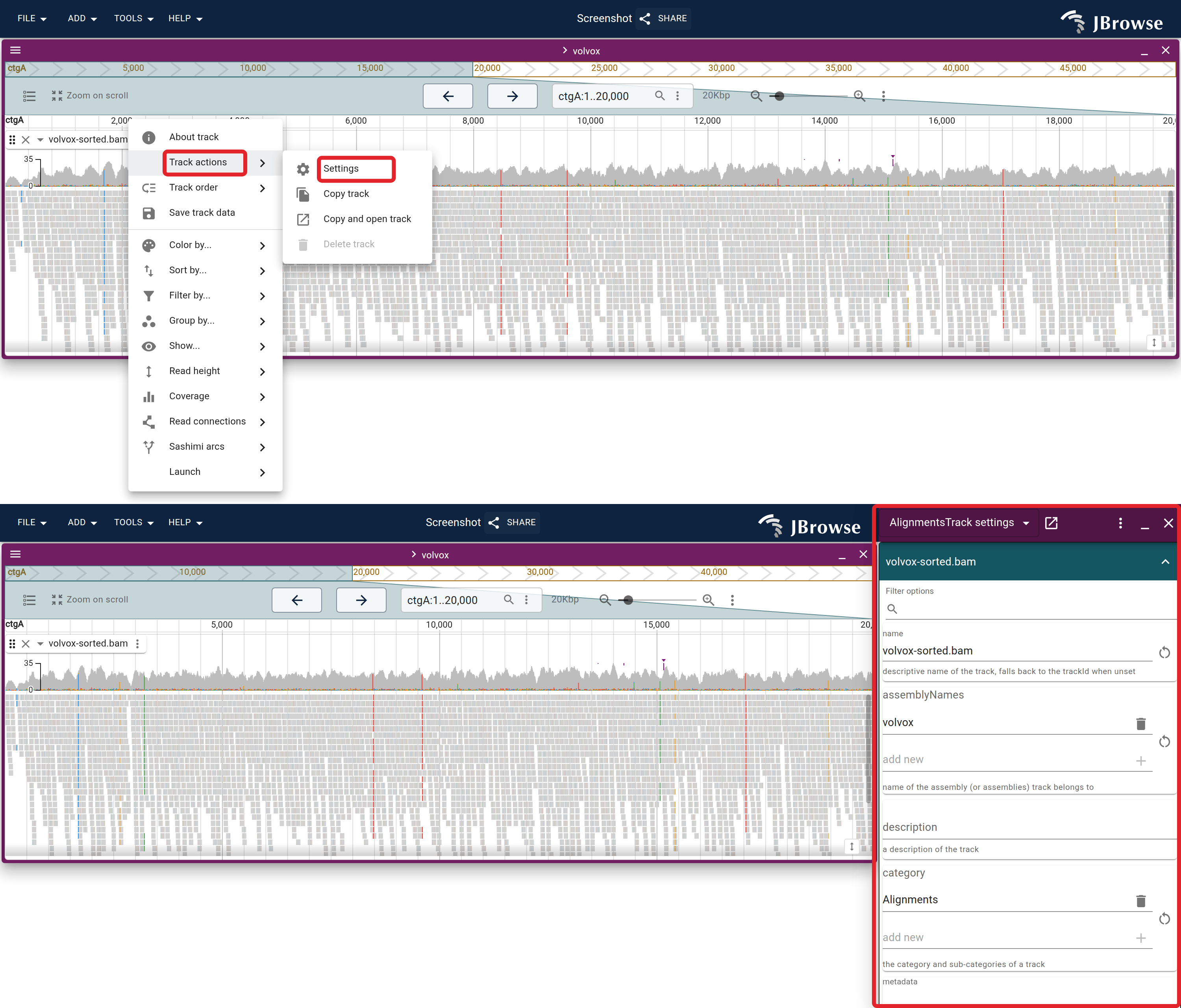 Opening Settings from the track menu's Track actions submenu to edit any track's configuration directly.
