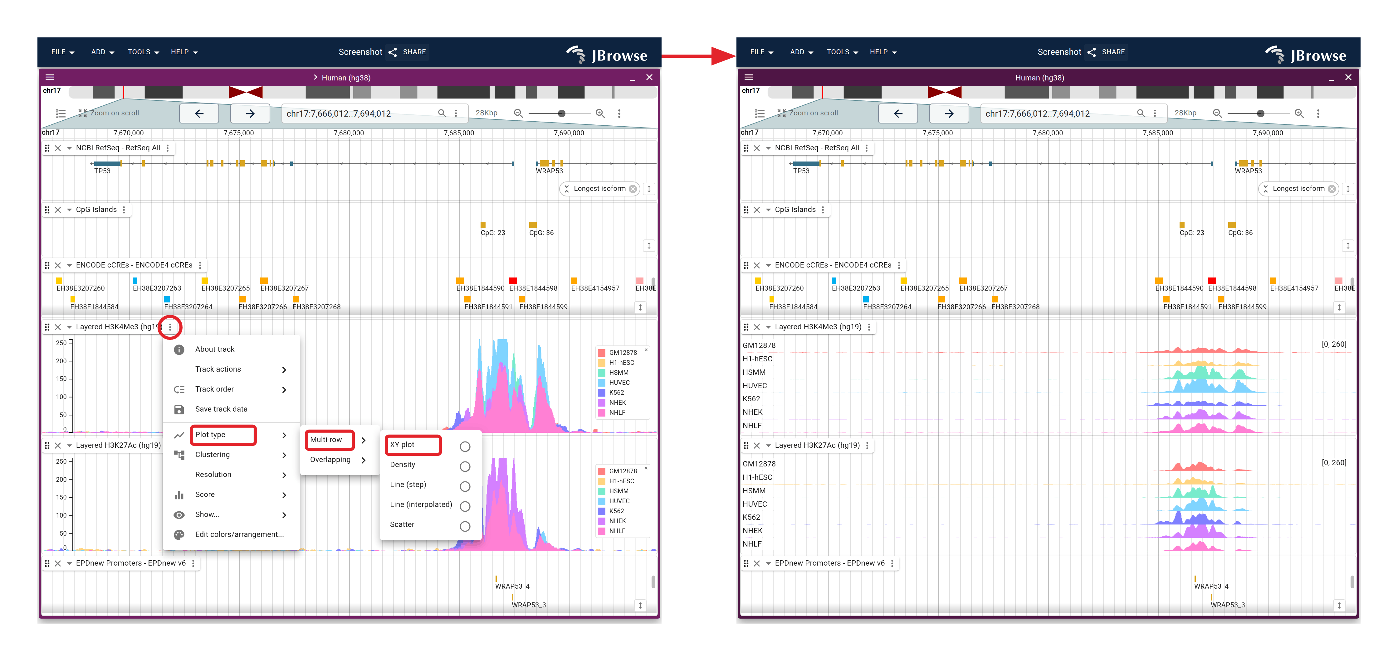 TP53 and its promoter, with CpG islands, ENCODE cCREs coloured by class, H3K4me3, H3K27ac and EPDnew's promoter calls. Left: the marks as they open, seven cell lines over one another, with the Plot type menu that separates them. Right: the same six tracks after it.