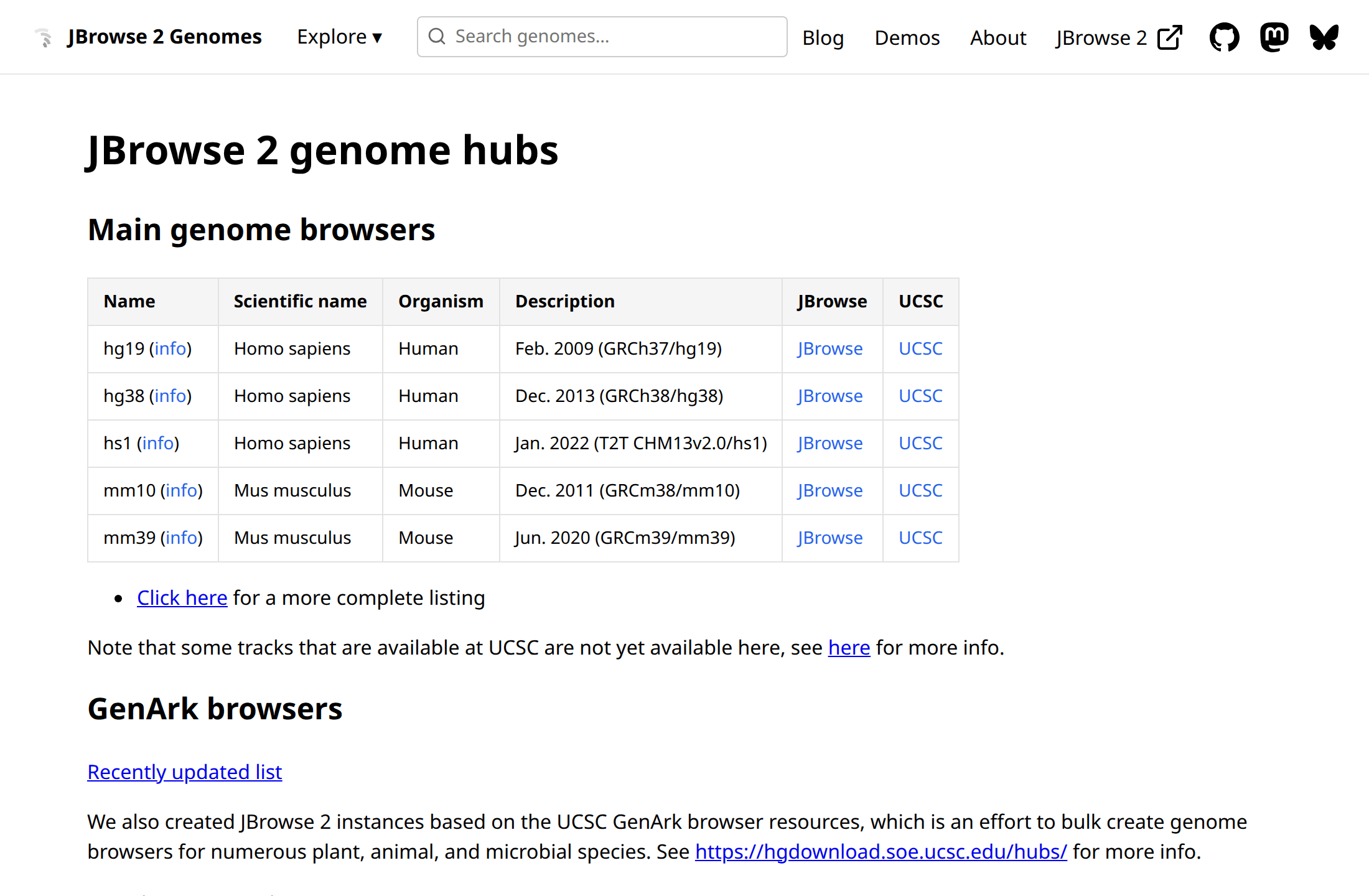 The genomes.jbrowse.org front page. The top table is the short list of main genomes; the GenArk half below it is the bulk catalog, split by clade and by project.