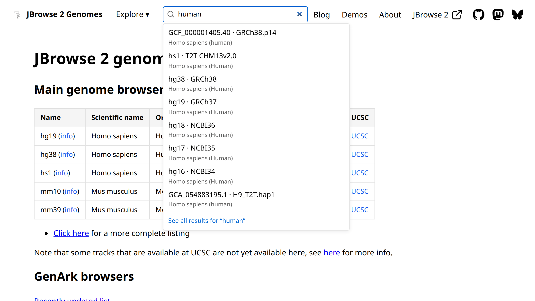 The header search box, mid-query. The dropdown mixes UCSC database names with GenArk accessions, since both catalogs are in the one index.