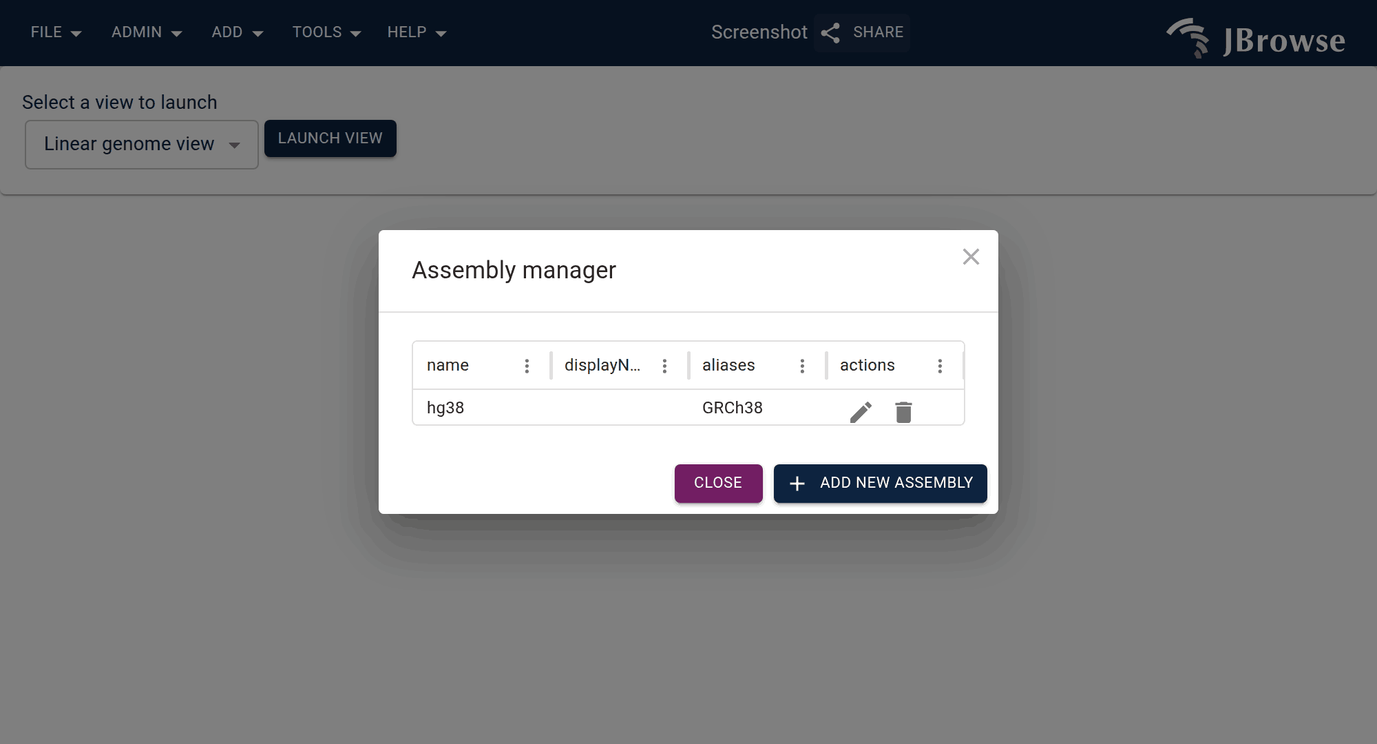 Assembly manager page for adding a new assembly.