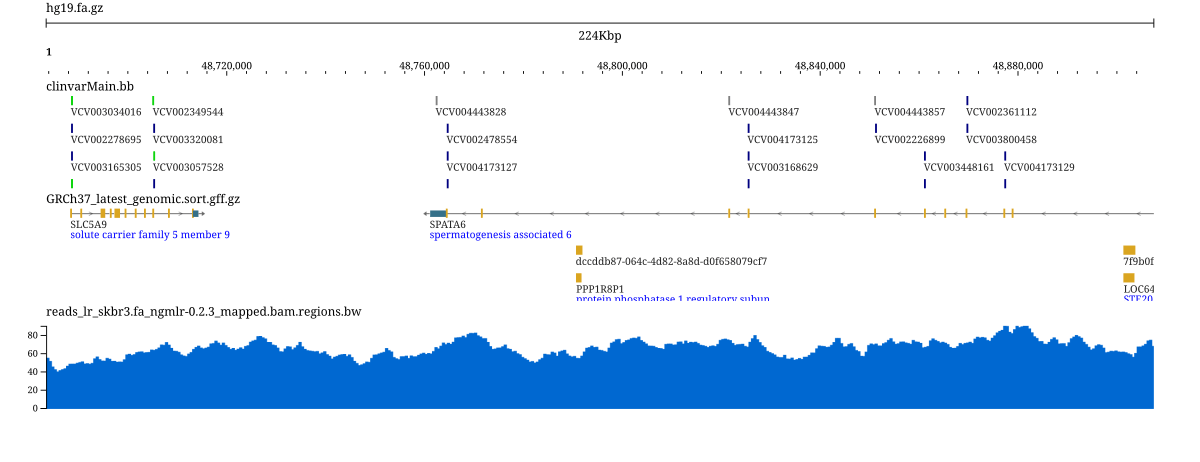 ClinVar variants above NCBI RefSeq genes across a 220 kb window of hg19 chromosome 1, every file streamed from a public URL