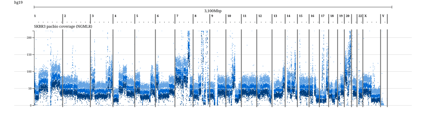 SKBR3 whole-genome read coverage, restored from a saved session file rather than described on the command line