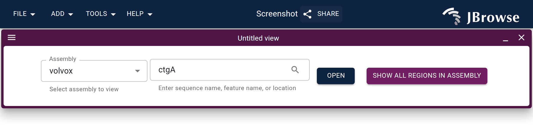 JBrowse 2 linear genome view setup with volvox in assembly dropdown