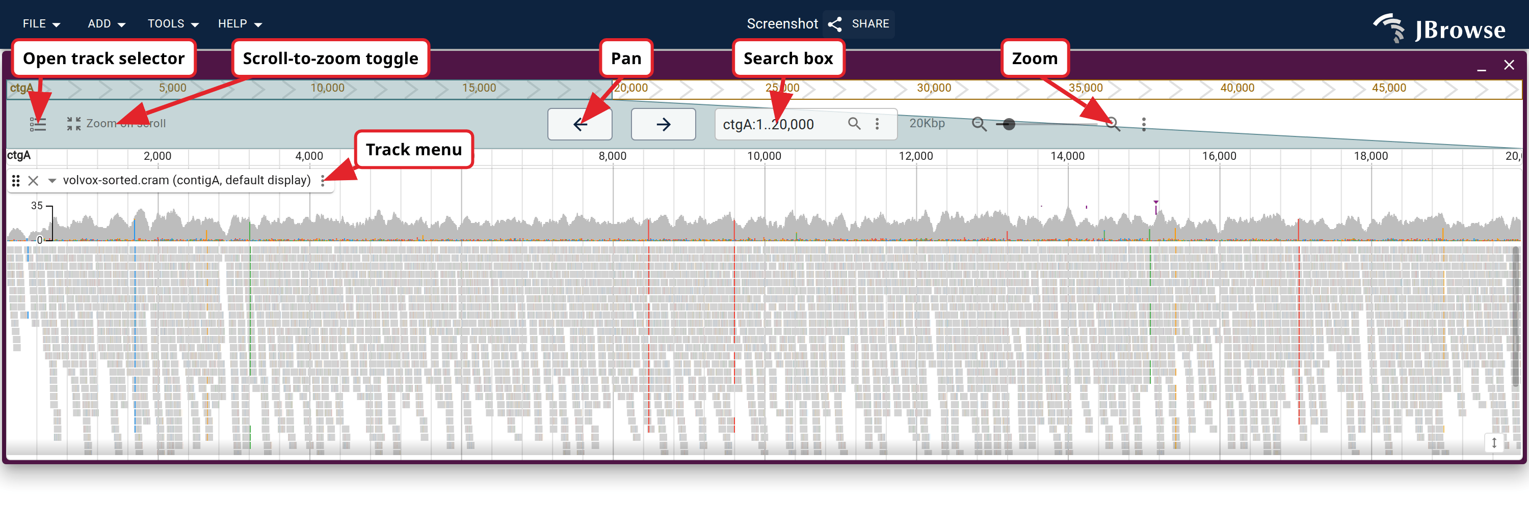 The main linear genome view controls, labeled in place: the track selector, the scroll-zoom toggle, the pan and zoom buttons, the search box, and each track's drag handle and track menu.