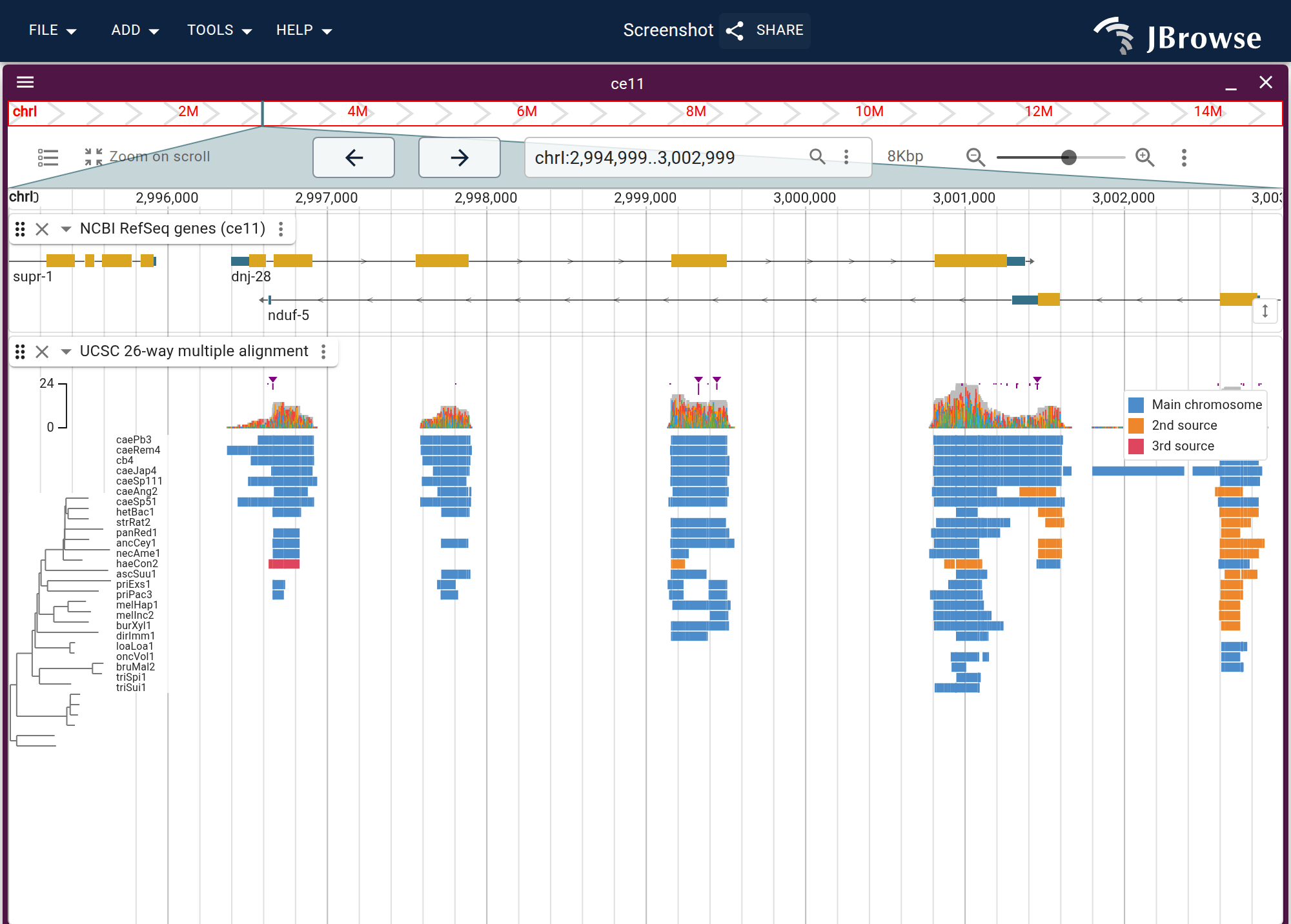 Color-by-source-chromosome mode on the ce11 26-way alignment: each species row is colored by its source-chromosome rank, so a row stays one color when collinear and switches where blocks come from a different source chromosome.