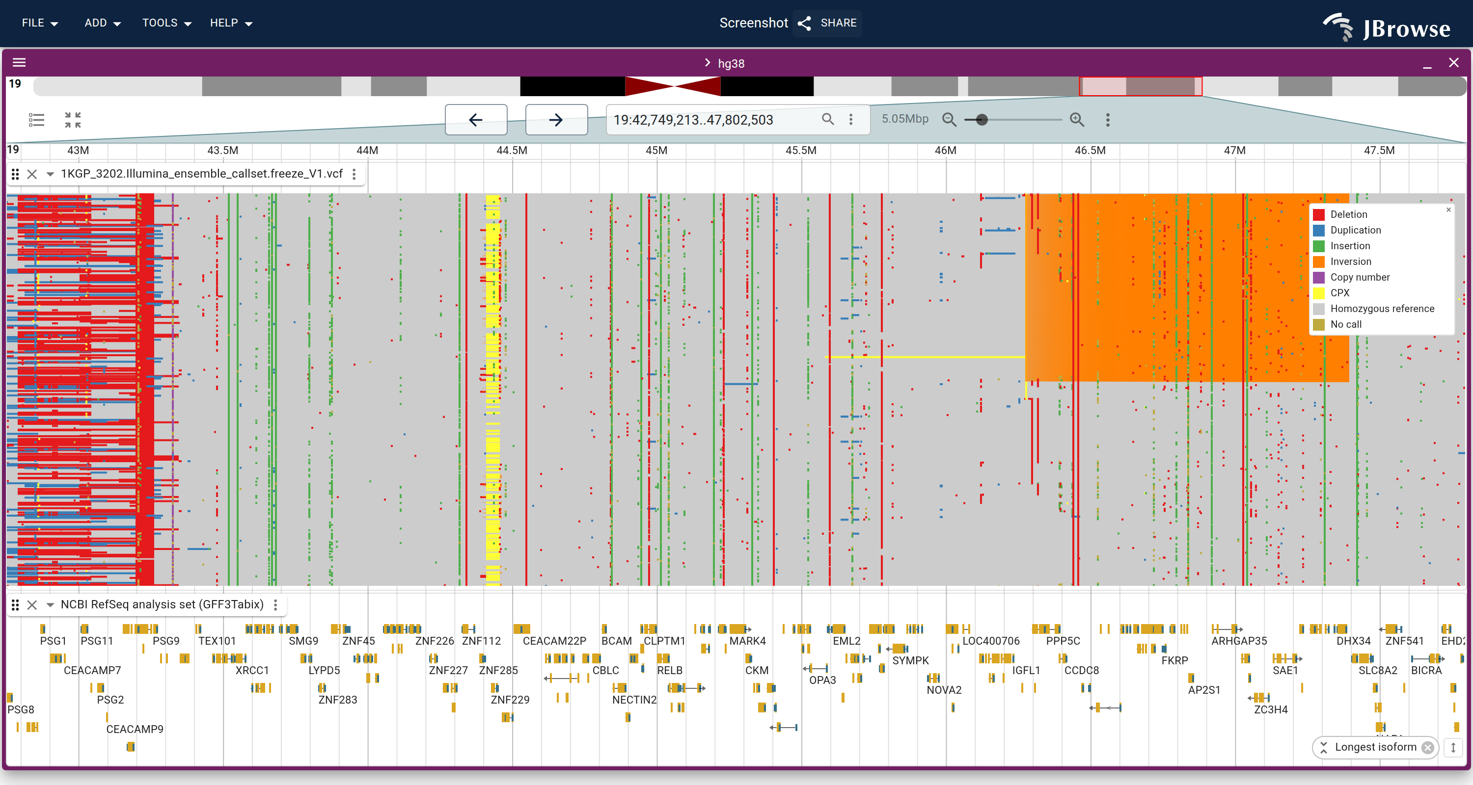 1000 Genomes SV ensemble callset on chr19 colored by SV type, each alt-carrying cell taking its variant's class color. The legend names every class present, including the callset's complex (CPX) events.