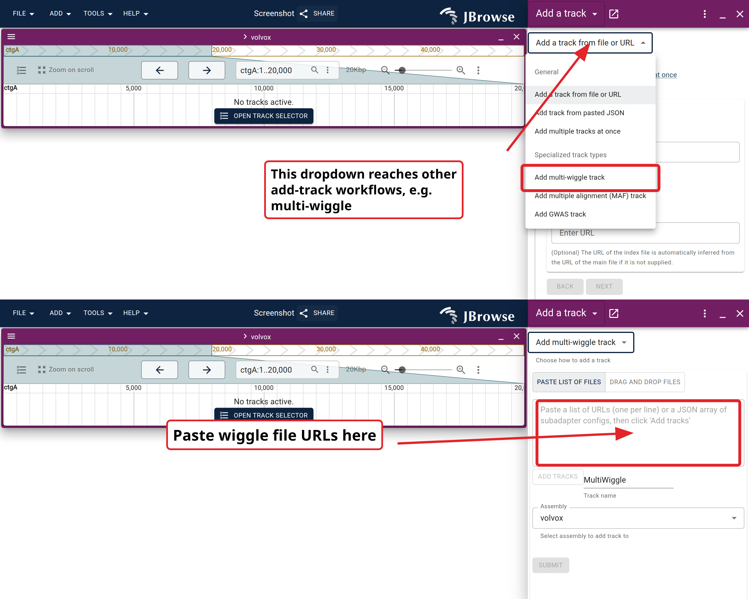 The 'Add a track' form's workflow selector (red callout) lets you reach the multi-quantitative workflow, where you can paste a list of BigWig URLs or open multiple BigWig files from disk.