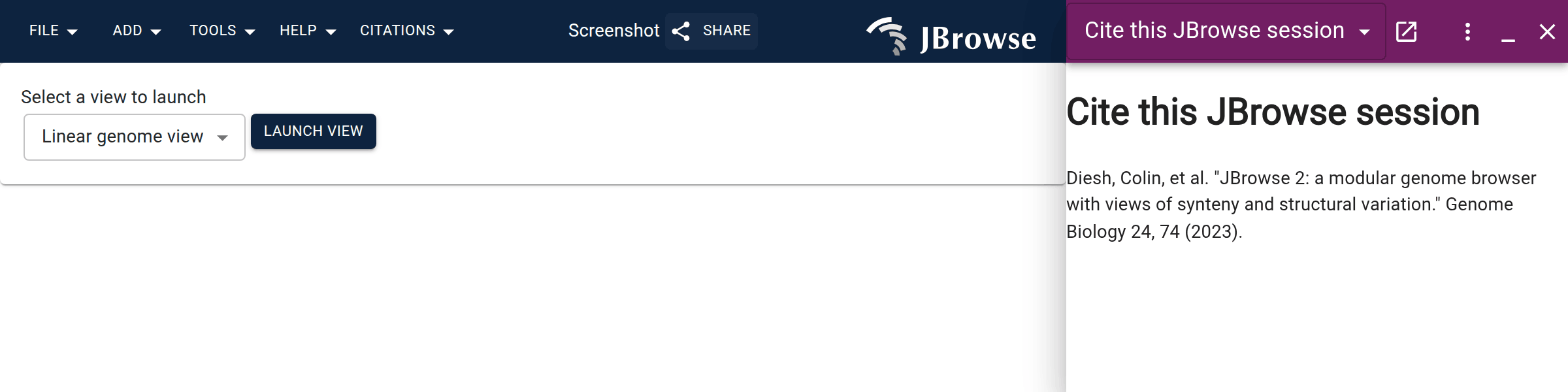 Screenshot of a running JBrowse instance with the simple no build plugin added. Note our top level menu item has been added, and upon clicking it our widget opens.