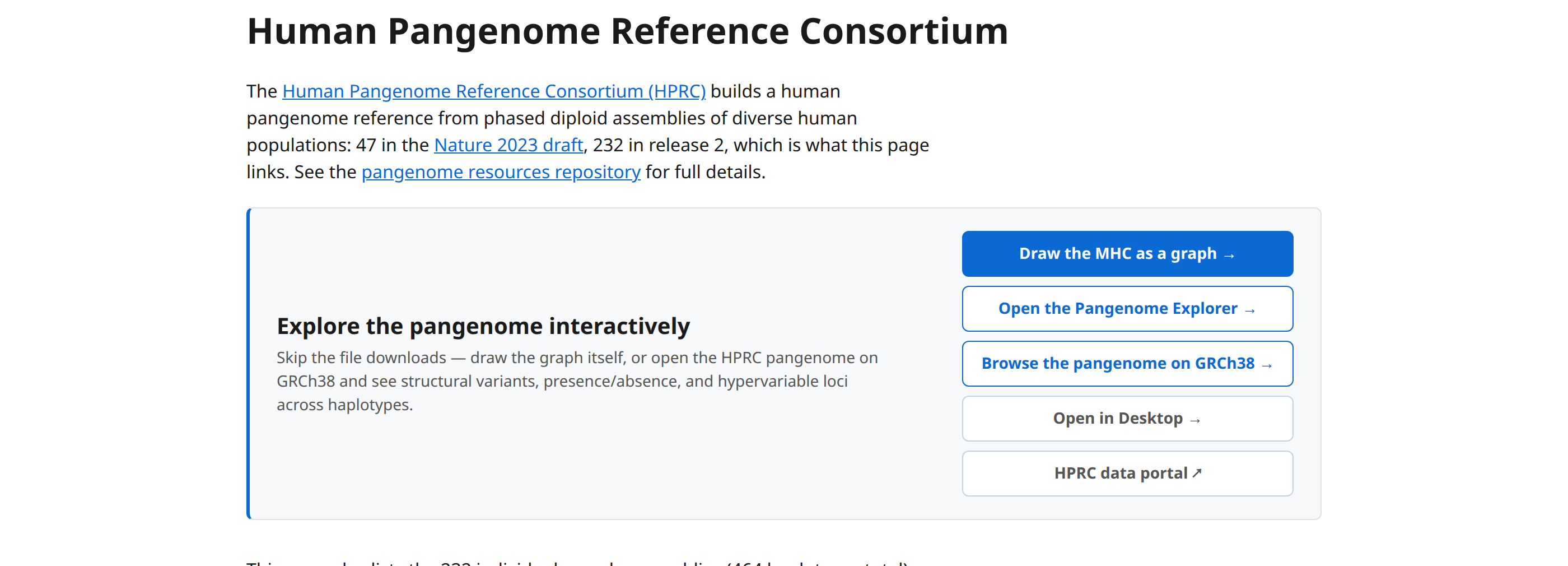 The HPRC page on genomes.jbrowse.org. Draw the MHC as a graph opens the graph on the class II window; the Explorer button goes to the locus catalog; Browse the pangenome on GRCh38 opens the reference-projected callset instead.
