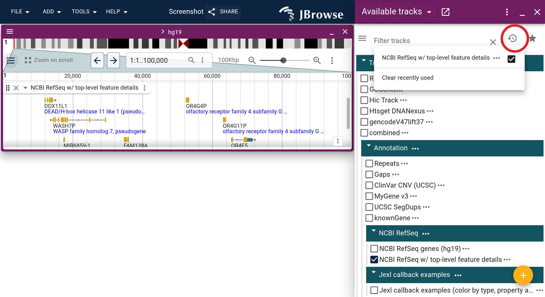 Selected tracks will be added to a recently used list, then they can be viewed using the top right menu.