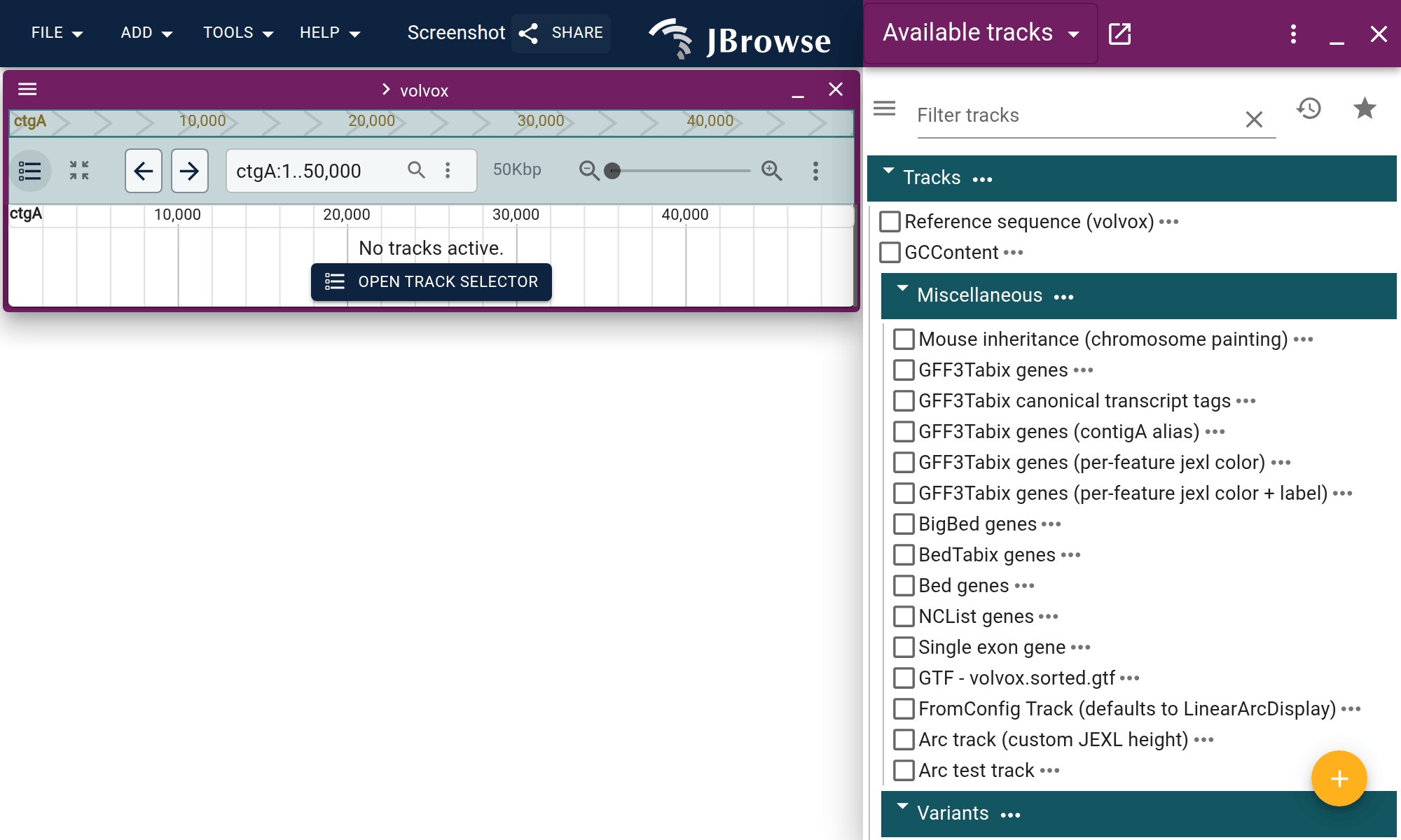 JBrowse 2 screen with a sample configuration