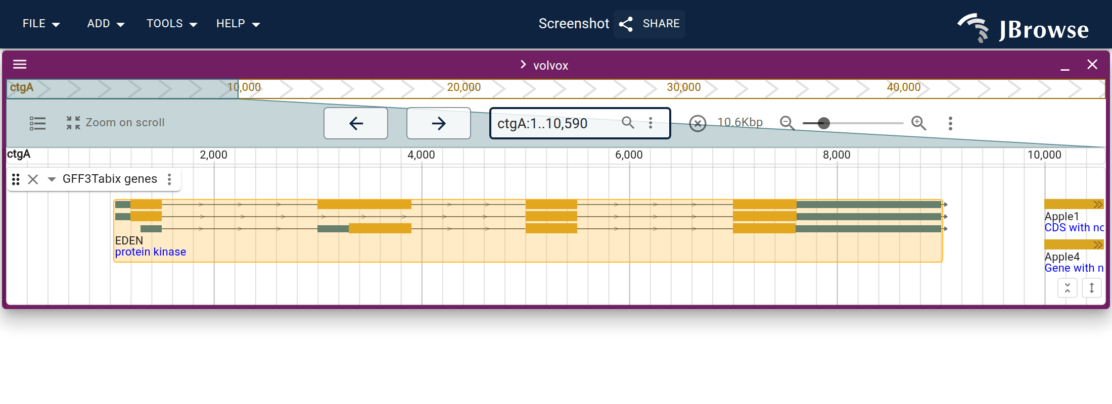 Selecting a feature from the search results pins it to the top of its track and boxes and tints that specific feature, not just the surrounding region.
