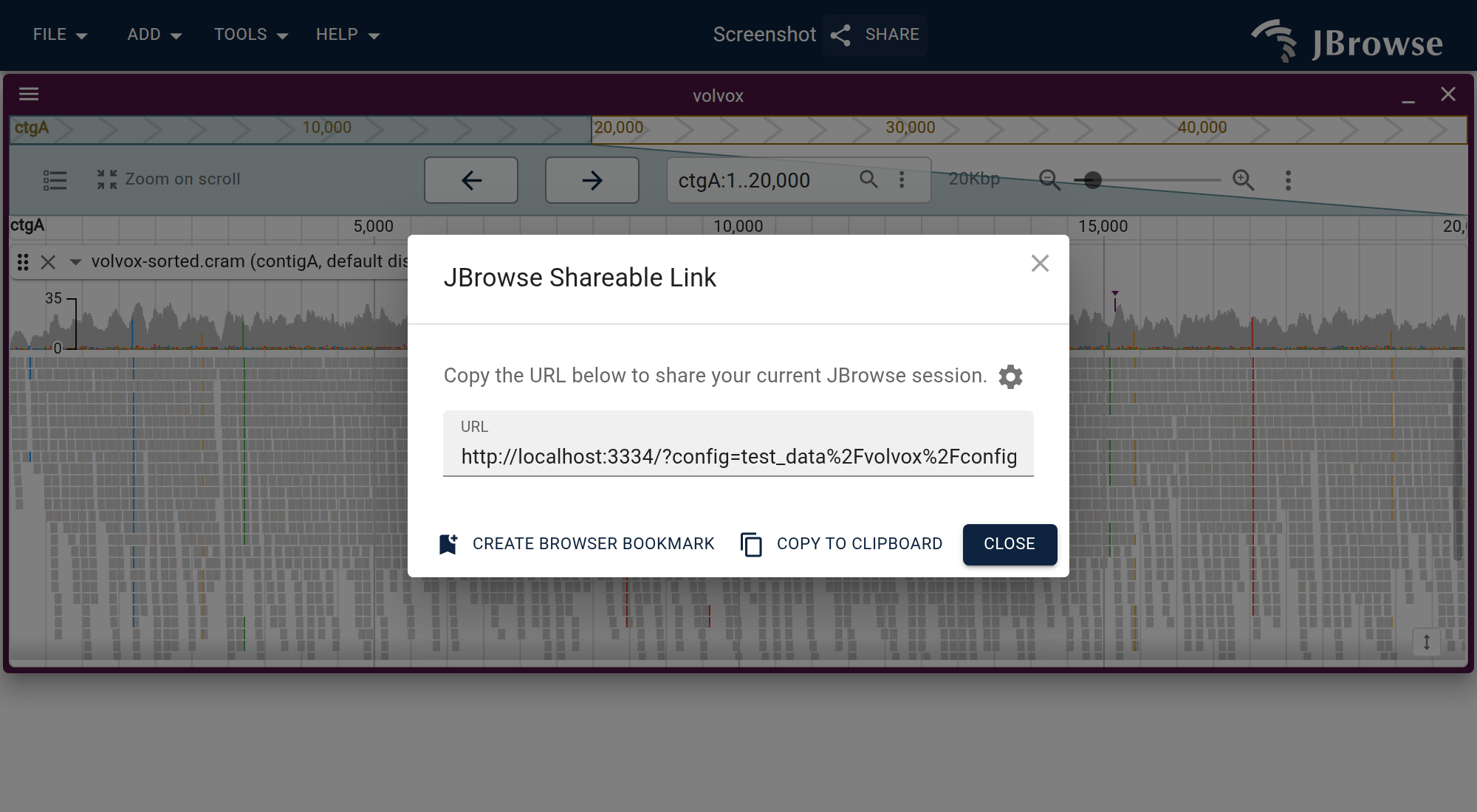 The session share dialog, which gives you a short URL to share your session with other users.