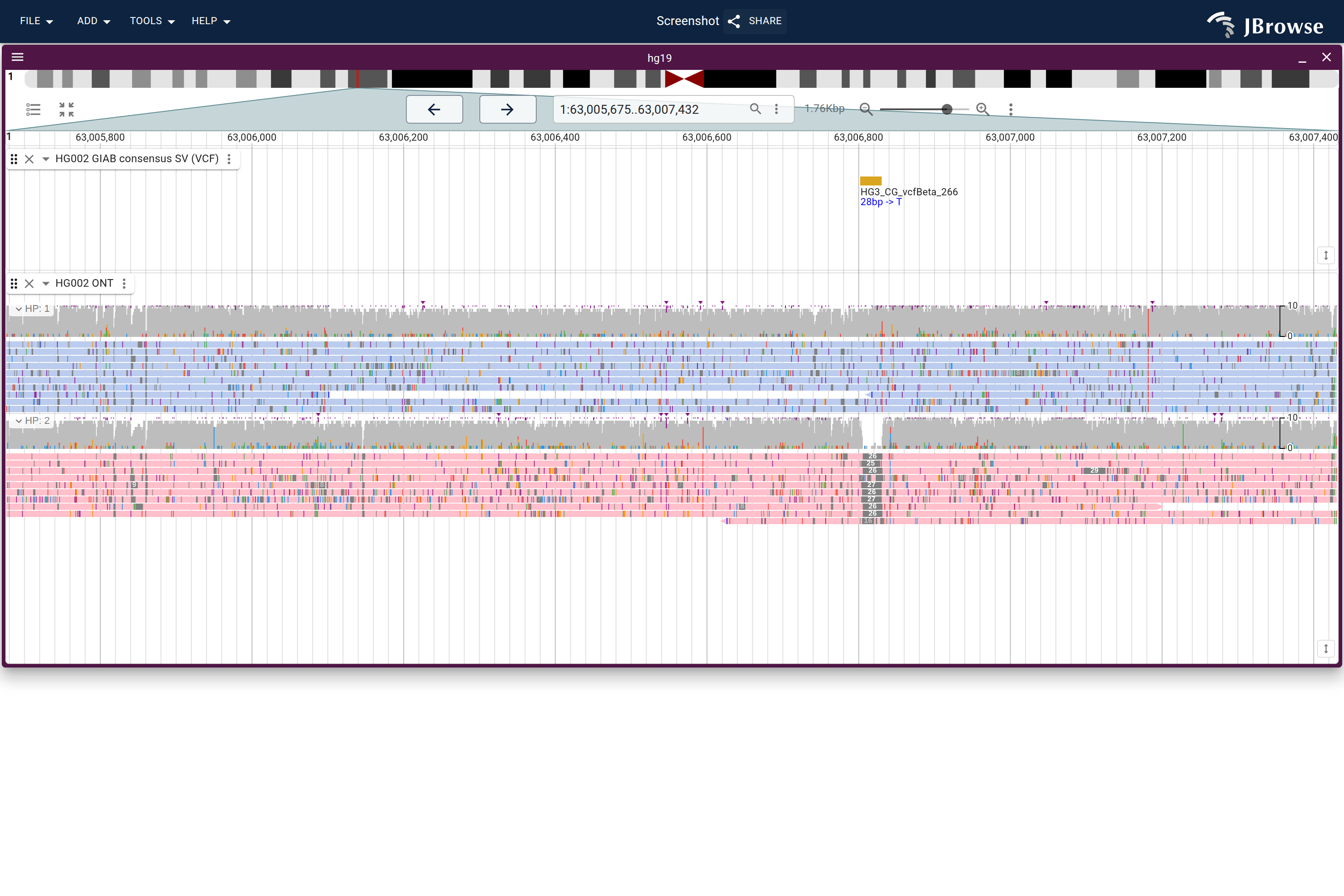 A 27 bp heterozygous deletion in HG002 ONT reads, with the SNP coverage panel above the pileup. The pileup is grouped by HP tag into stacked sections, and the reads carrying the deletion are concentrated in one haplotype group.