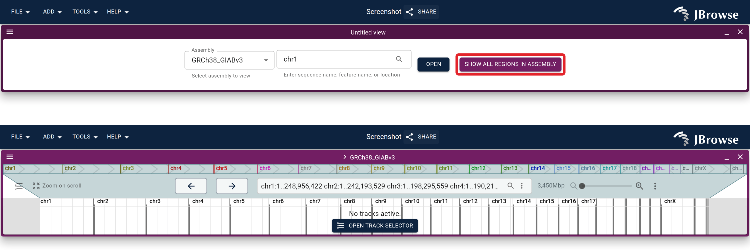 The linear genome view start screen: click Show all regions in assembly to lay out every chromosome across the view.