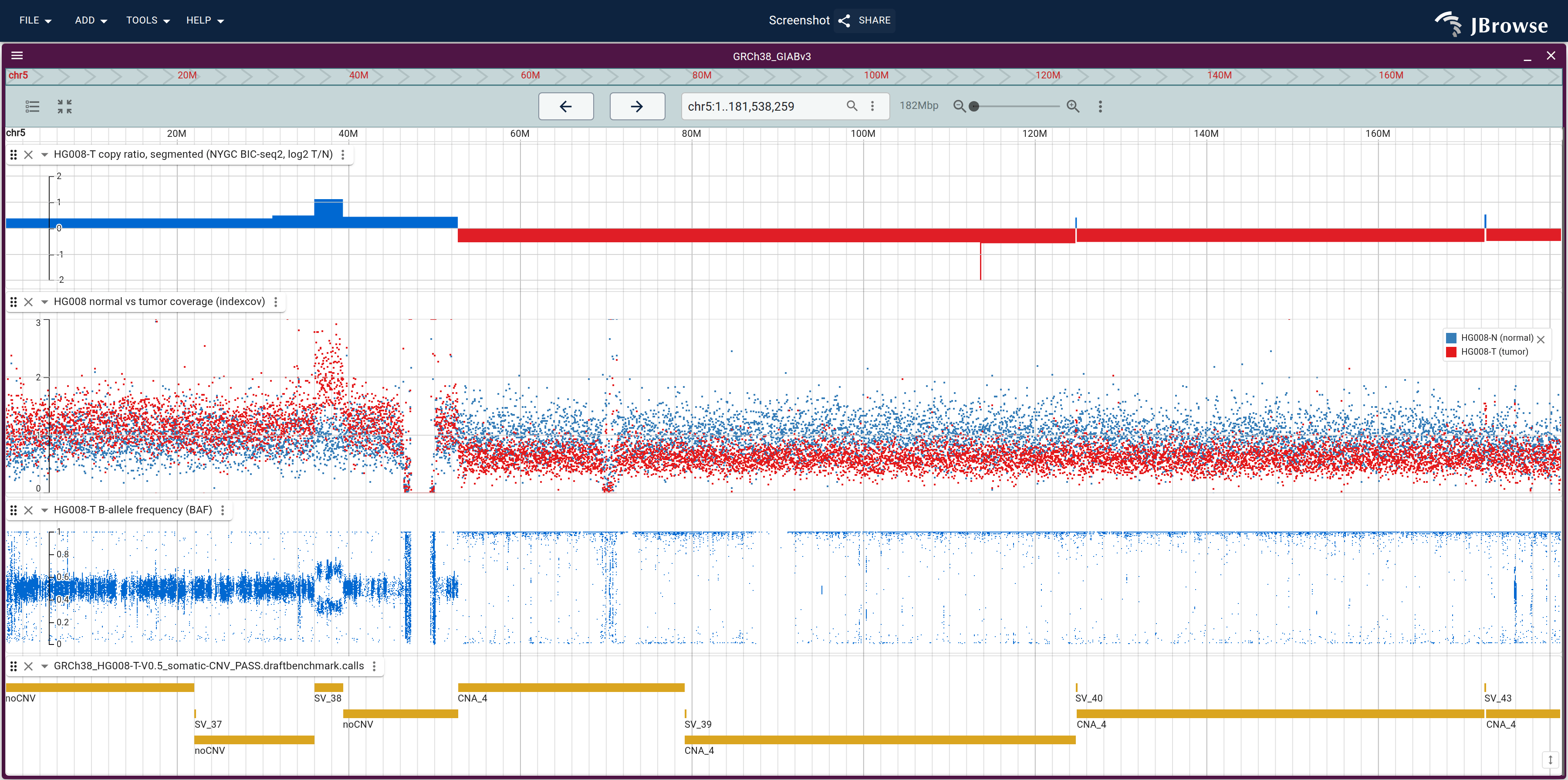 Chromosome 5: the segmented copy ratio, tumor and normal indexcov coverage as overlapping scatter, B-allele frequency, and the benchmark CNV calls. The normal stays flat while the tumor steps, and the BAF lane says what each step is.