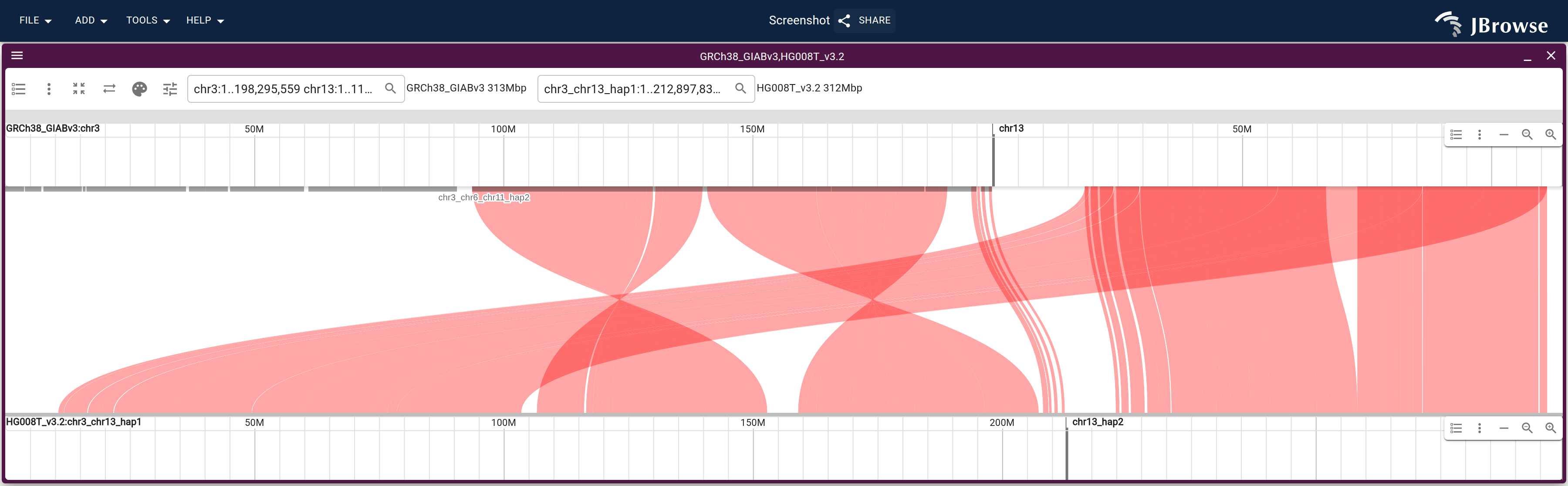A synteny view launched from the chr3/chr13 selection in the dotplot: GRCh38 chr3 and chr13 above, the fused chr3_chr13_hap1 scaffold and chr13_hap2 below, at a raised minimum alignment length.