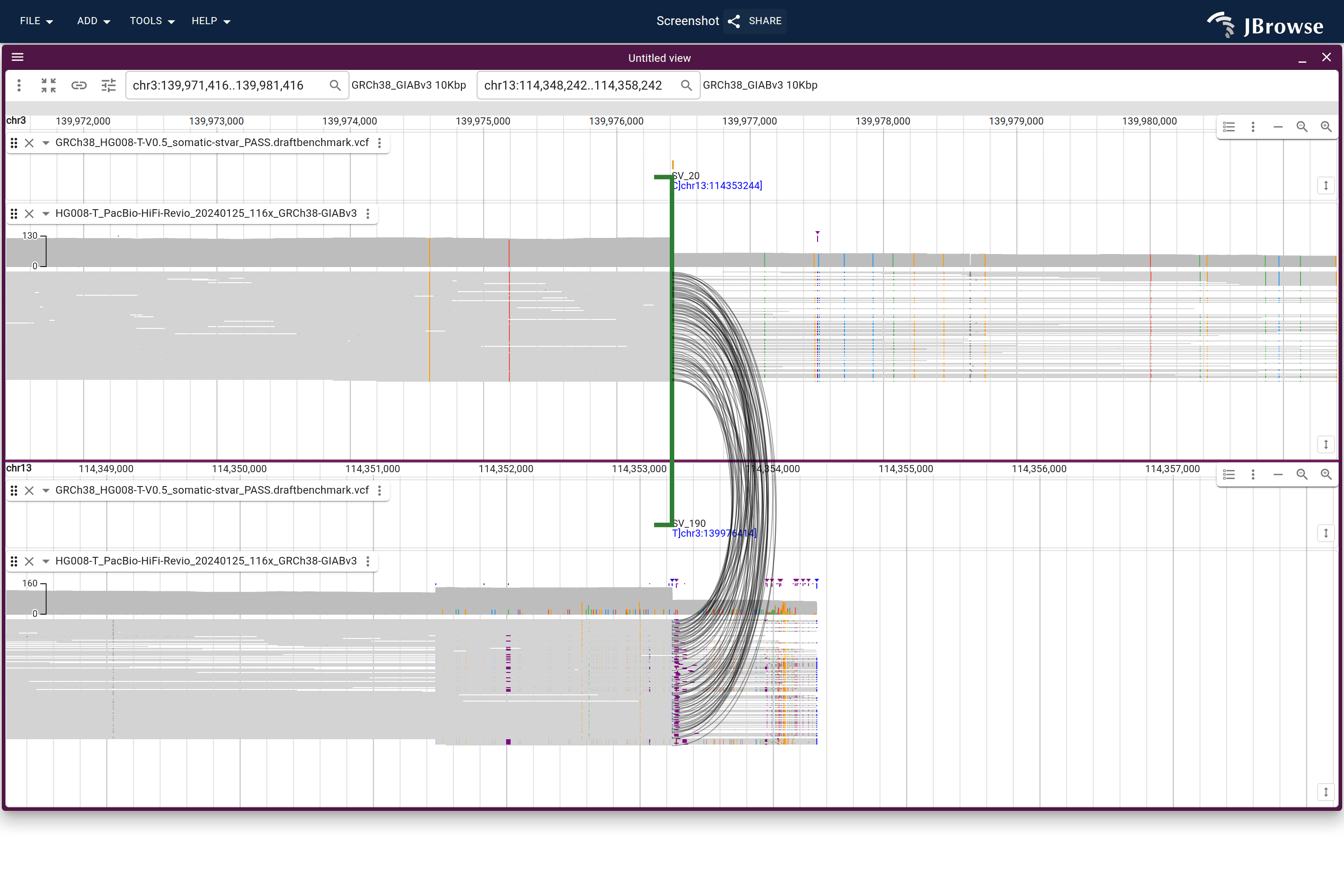 Clicking the chord joining chr3 and chr13 opens a breakpoint split view. Black splines connect tumor PacBio HiFi reads that partially map to each chromosome, suggesting a fusion or translocation.