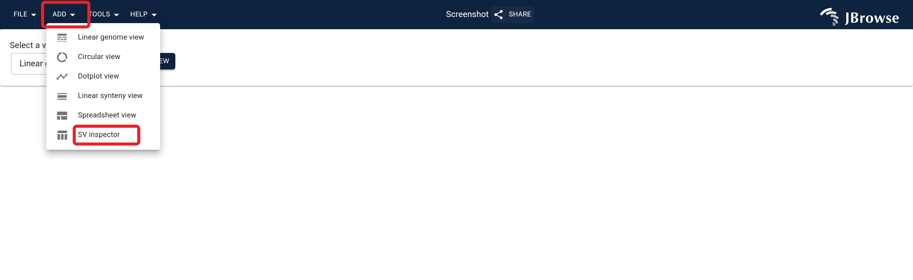 Launching the SV inspector from the Add menu.