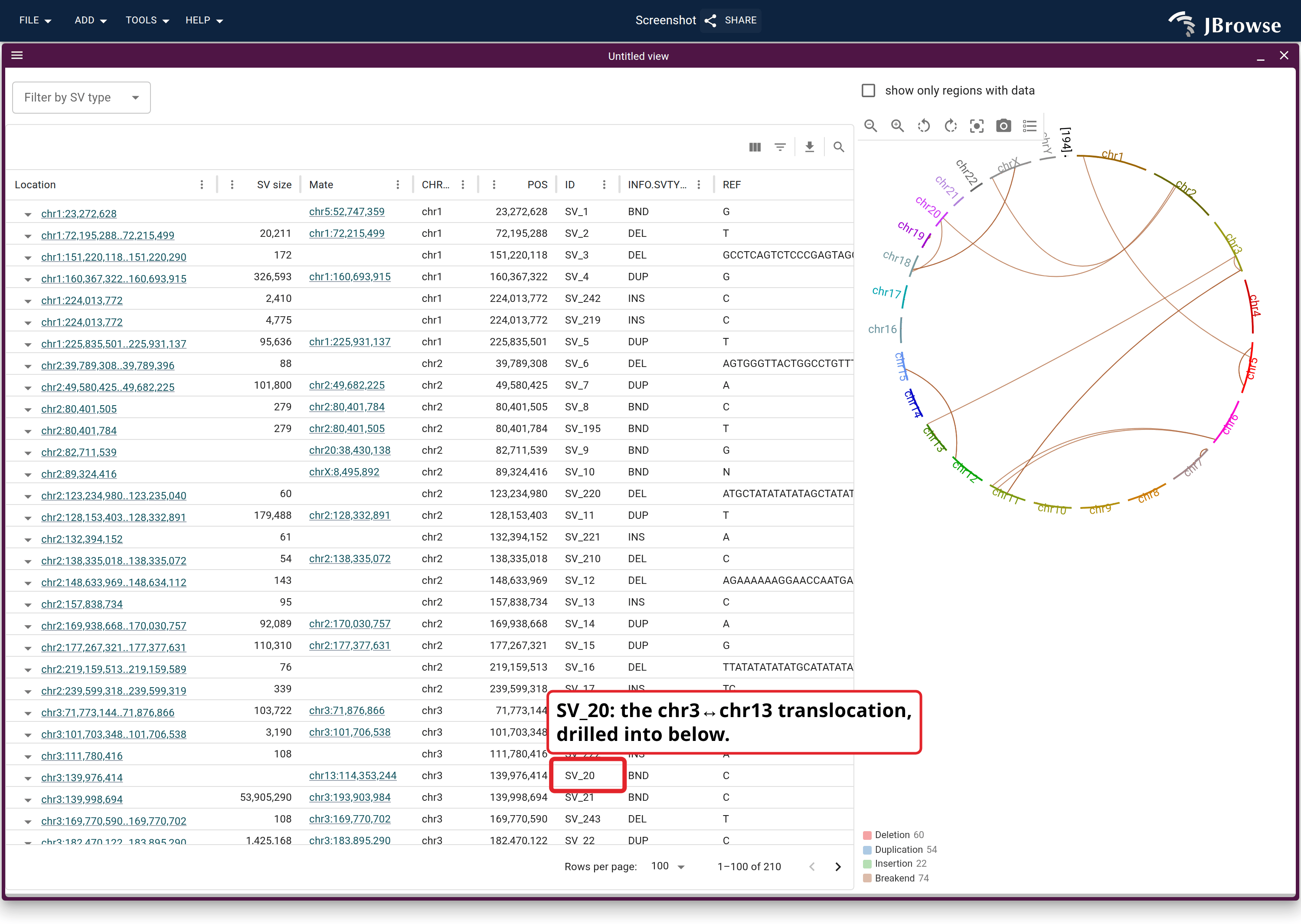 The SV inspector showing the benchmark VCF as a circular overview alongside a table of calls.