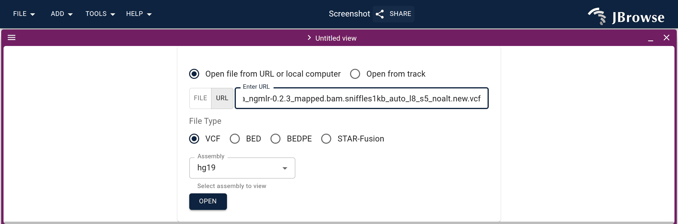 The SV inspector import form with a VCF URL pasted. As the callout notes, 'Open from track' fills the inspector from a VCF track already open in the session.