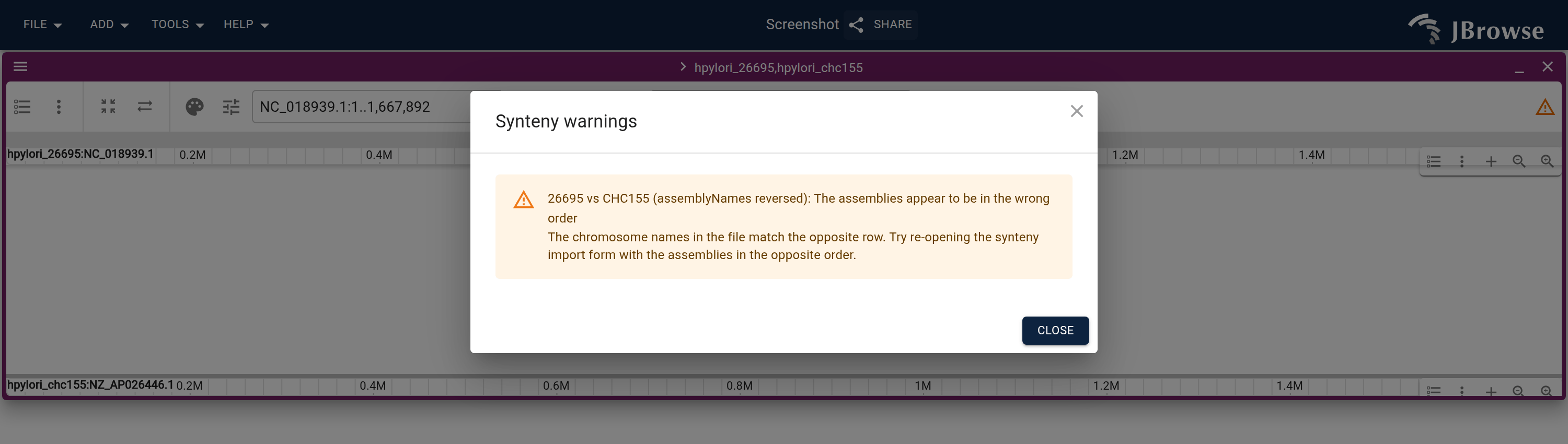 A synteny track whose assemblyNames are reversed. No chromosome name resolves, so the band is empty, and the header warning reports the reversal.