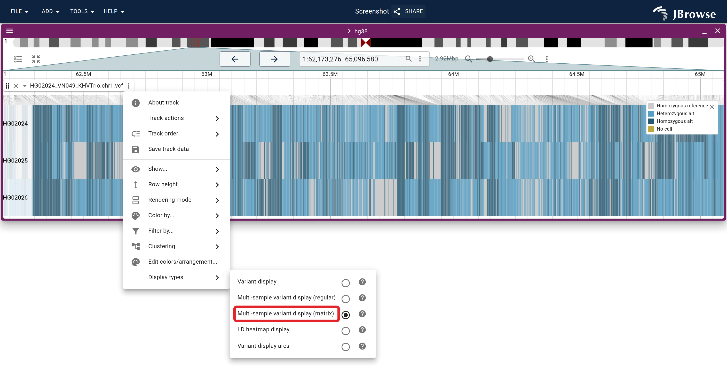 Multi-sample variant display (matrix). One row per sample, one column per variant, black lines connecting columns to their genome positions.