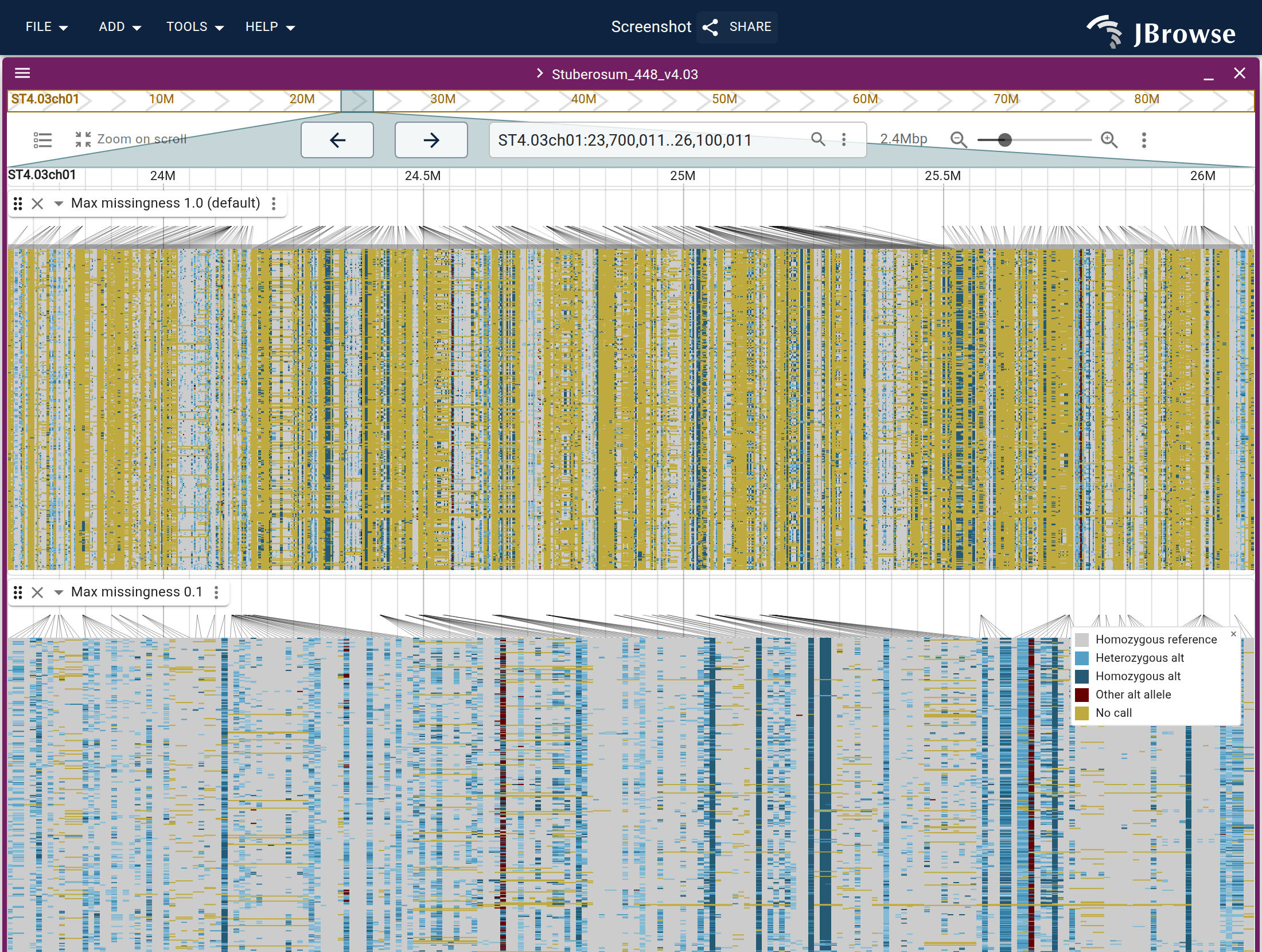 One tetraploid potato multi-sample VCF opened twice in the same view as a genotype matrix, on one ruler. Top: the default missingness ceiling keeps every variant, and no-call columns dominate. Bottom: a 0.1 ceiling leaves the well-genotyped sites.