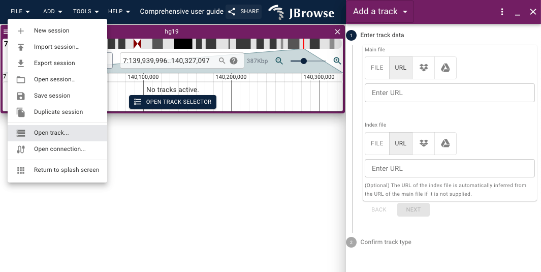 JBrowse 2 file menu with the 'Add track' form